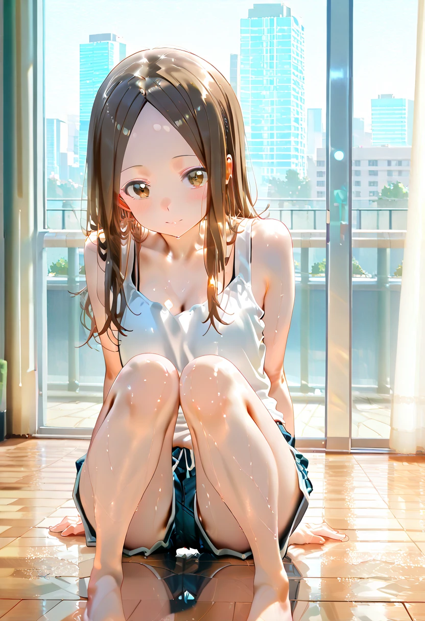 realistically, 1 girl, ponytail, brown eyes, glowing eyes, white short skirt, Blush, daytime, sun light, Strapless, Wet from the rain, Seethrough, Sit with your knees raised., crotch, nipples, sexy panty, armpit, six pack,