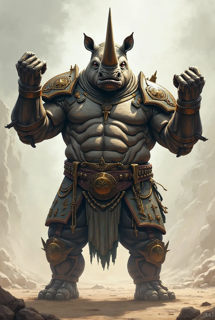 Create an image of a rhinoceros with human-like features engaged in a medieval battle. The focus of the image should be on the character, capturing accuracy in detail. The image should convey a sense of power, ferocity, and determination..
