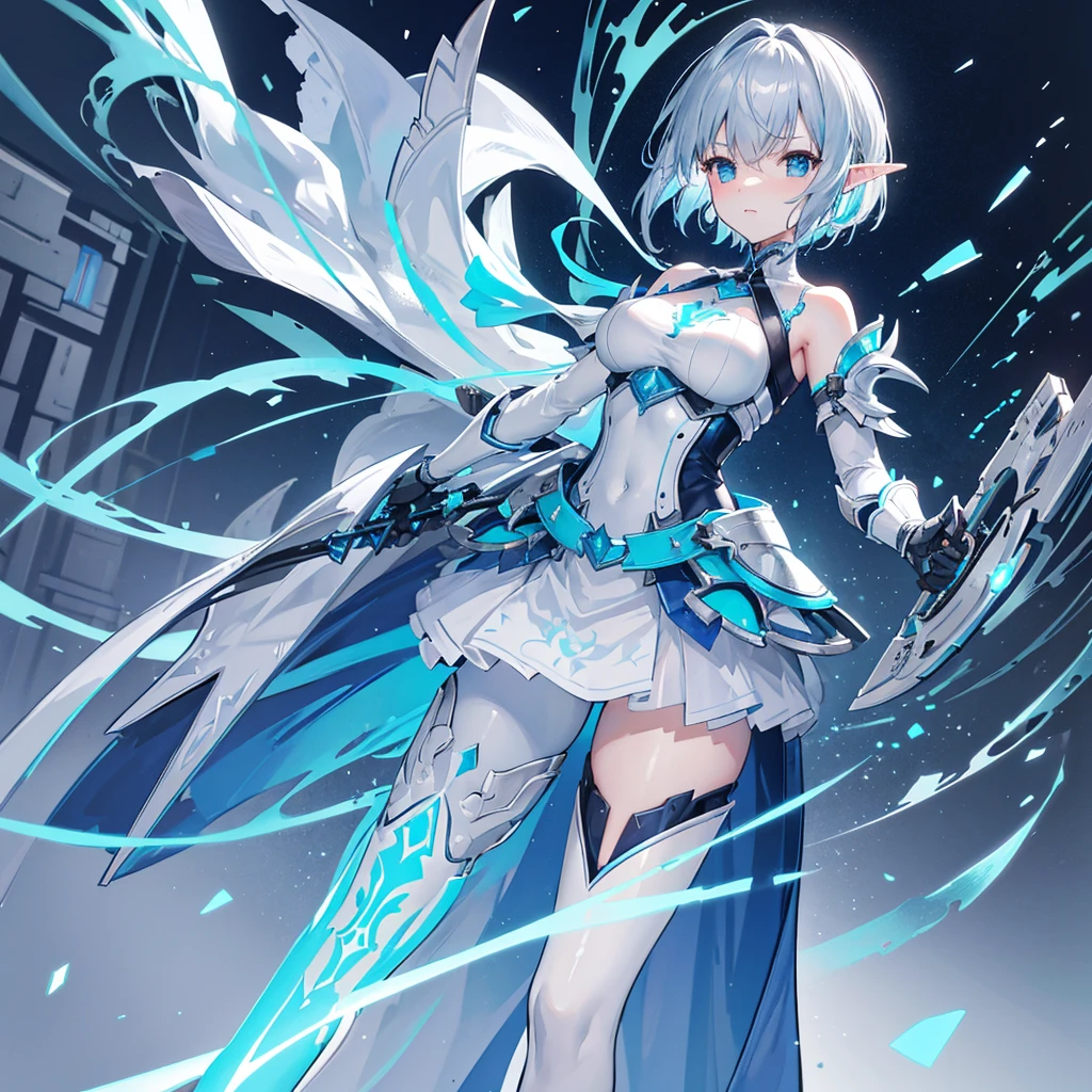 1girl, beautiful detailed eyes, superhero, mature woman, white hair, green eyes, beautiful detailed eyes, leotard, bare legs, boots, gloves, atoms, glowing body, light surrounding her body, light particles, space backdrop, standing, hand on hip, perfect anatomy, cowboy shot, full body shot, superpower.