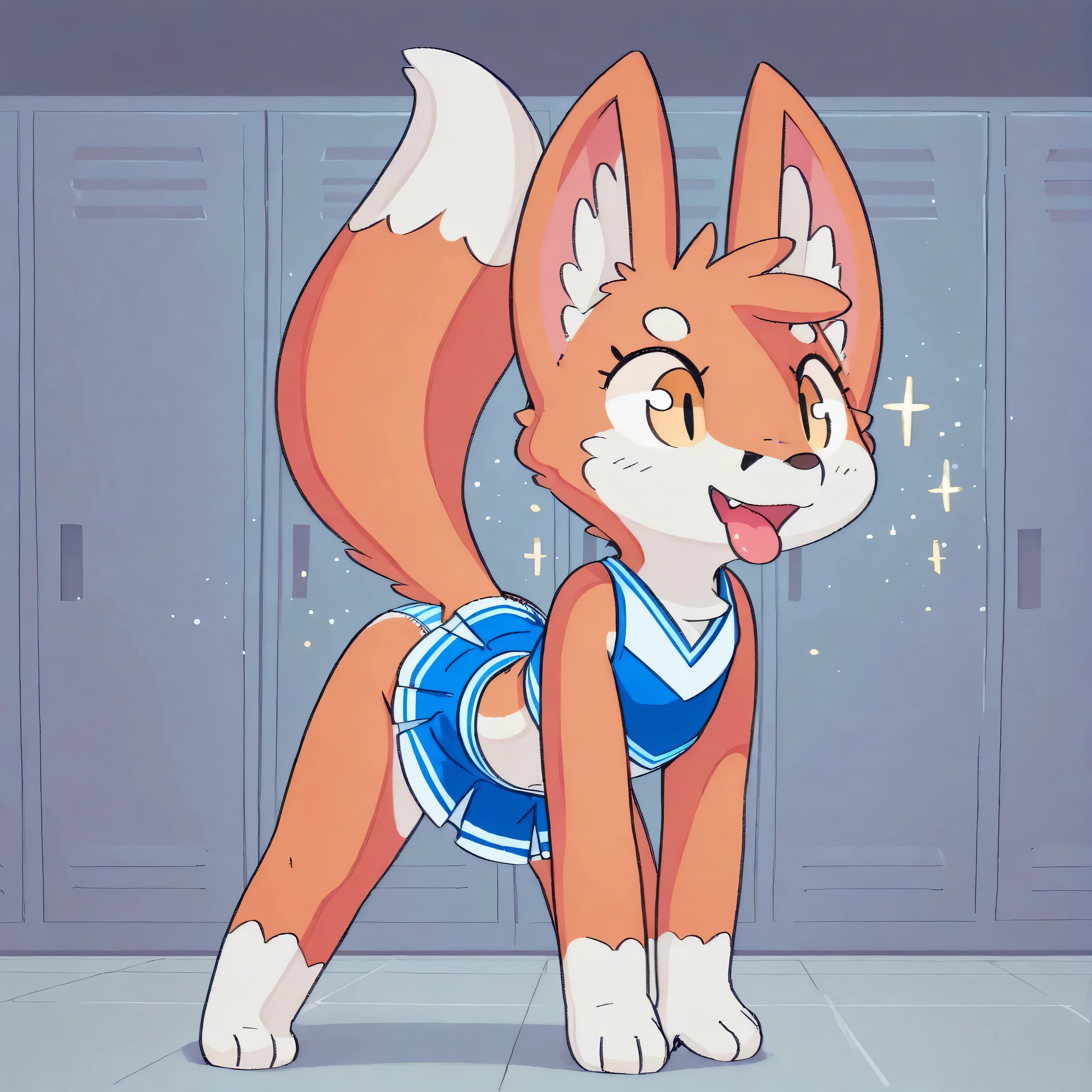 [🦊] [NSFW-Pose] [Feral] [Project - Funkybun] [Cheerleader] [Tease - Play] - Masterpiece, By Funkybun, cute, innocent_eyes, 2d, sketch, locker-room background, black/gray_background color, lighting shines from the-top, sparkles particles, swirls particles, shading, solo, ambiguous_gender, fox, yellow eyes, slit eyes, eyelashes, a fang, tongue_tip out, mix chibi_feral, feral, skirt, clothing, clothing_lift, feral_cheerleader, cheerleader outfit, expose panty tease, cute stylish, a_pose (dance/jump/playful),  