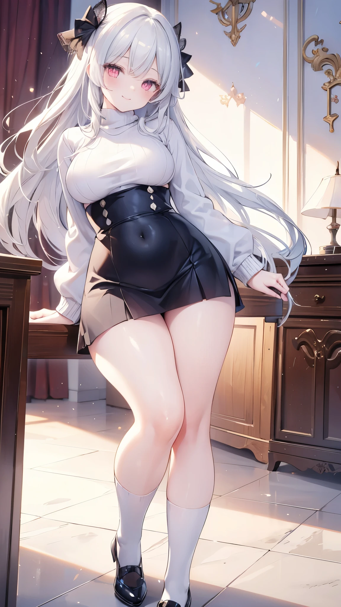 Full body portrait Peeking out the skirt from below、A beautiful woman with mature charm、Perfect Anatomy、Silver Hair、Long Hair、Shiny Hair、Lip gloss Open your mouth and stick out your tongue Ecstatic expression conversion look up Please open your mouth wide, Sticking out tongue and drooling Short Bob squint Ahegao Unfocused eyes Standing with your legs apart (Huge breasts,Saggy breasts:1.5}、Very large detailed breasts、Very beautiful beauty Tight mini skirt Knee-high stockings Knee-high socks garter belt color々なcolorの下着