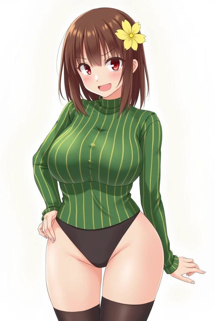 One Girl,{Knee-high socks}、(((Wide Hips)))、 (((Big thighs)))、((Big Ass))、(Large Breasts) Embarrassed look、whole body、Sexy pose,Fujiki Nene、Brown Hair、Brown Eyes、Hair Bun、Double bun、short hair、hair ornaments、、Short Stack、Yellow Sweater、Long sleeve、Green mini skirt、White Pantyhose