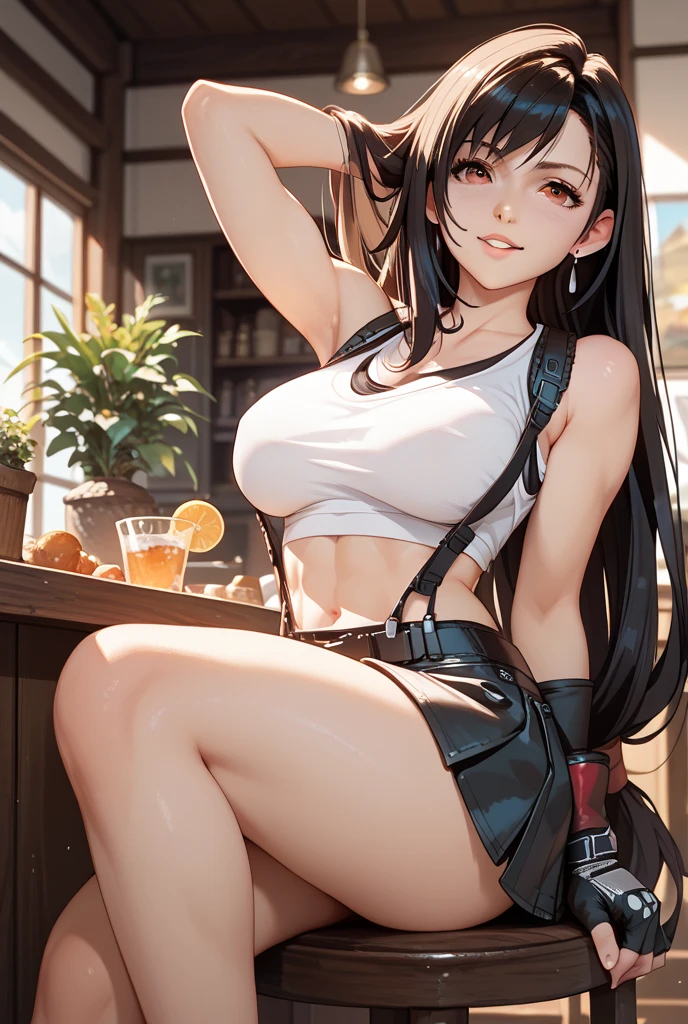 official art, unity 8k wallpaper, ultra detailed, beautiful and aesthetic, masterpiece, best quality, 1girl, extremely detailed, dynamic angle, cowboyshot, elegant, vivid colours, romanticism, yoshitaka amano, frank frazetta, atmospheric. Tifa lockhart, long black hair, red eyes, hair bangs, (white tank top:1.5), white top, (black miniskirt:1.4), suspenders, stockings, (huge breasts:1.5), cleavage, on a tropical beach, plants, sunshine, bokeh background, (red eyes:1.5)one girl, 1 girl, thin waist, wide hips, exposed abdomen, toned abs, toned arms, close up, see through clothes, semi transparant clothes