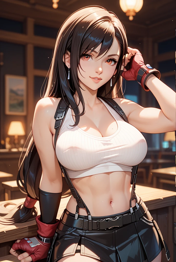 NSFW, white tank top with black trim and black skirt, inside the cave, black long hair, the girl has really red eyes, tifa lockhart, The girl is , beautiful skin, realistic anime, anime realism style, Output in 8K, highest quality,Natural light, professional lighting, shiny skin, silky skin, bonfire lighting, Looking over there, Show me your white panties, Low angle shooting, sexy shot, Pose in a deep dungeon, current battle, hi kick, kick
