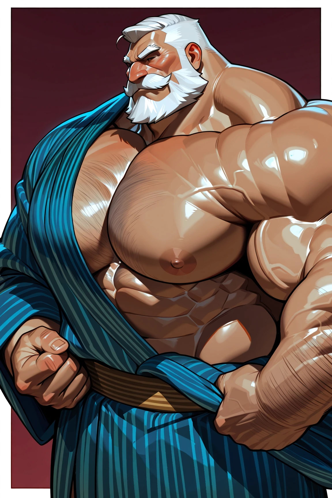 An old man soaking in an onsen, half submerged, (huge muscular), (yakuza tattoo), (full body tattoo+), detailed muscles, 8k, masterpiece:1.2, hyperrealistic, highly detailed full body, floating steam, rich colors, serene atmosphere, traditional Japanese setting, wooden hot spring, soft ambient lighting, wrinkled skin, tranquil expression, reflective water, peaceful relaxation
