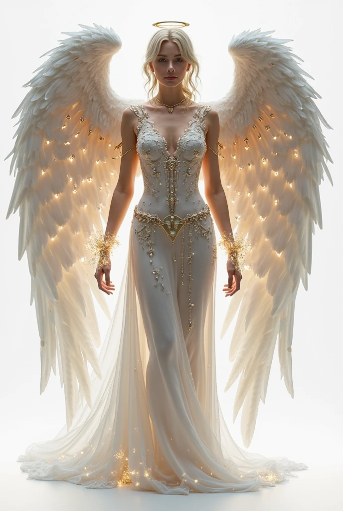 sisterhood, silber hair, Angel wings made of feathers, elf-ears, Transparent finish, Realistic body lines, (((Many long white lace bales flutter in the wind))), (Silk Gold and Silver Lingerie), church stained glass, Church candles, albino