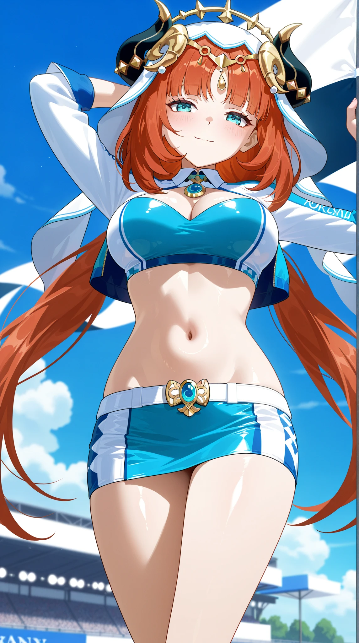 An arafe woman wearing a bikini top and super miniskirt and holding a sword,Crouching with M-shaped legs in a super miniskirt、White panties visible from the miniskirt, But you can see white panties under the miniskirt...、nami one piece, beautiful portrait of nami,White panties visible from the miniskirt、Squatting with M-shaped legs、 Nami of one piece,Nami in super miniskirt, Detailed Digital Anime Art, Cute exirobat showing white pants, Very detailed ArtGerm haha, deviantart artstation cgscosiety, realistic bikini, Swimsuit, fanart best artstation, ArtGerm. high detailing