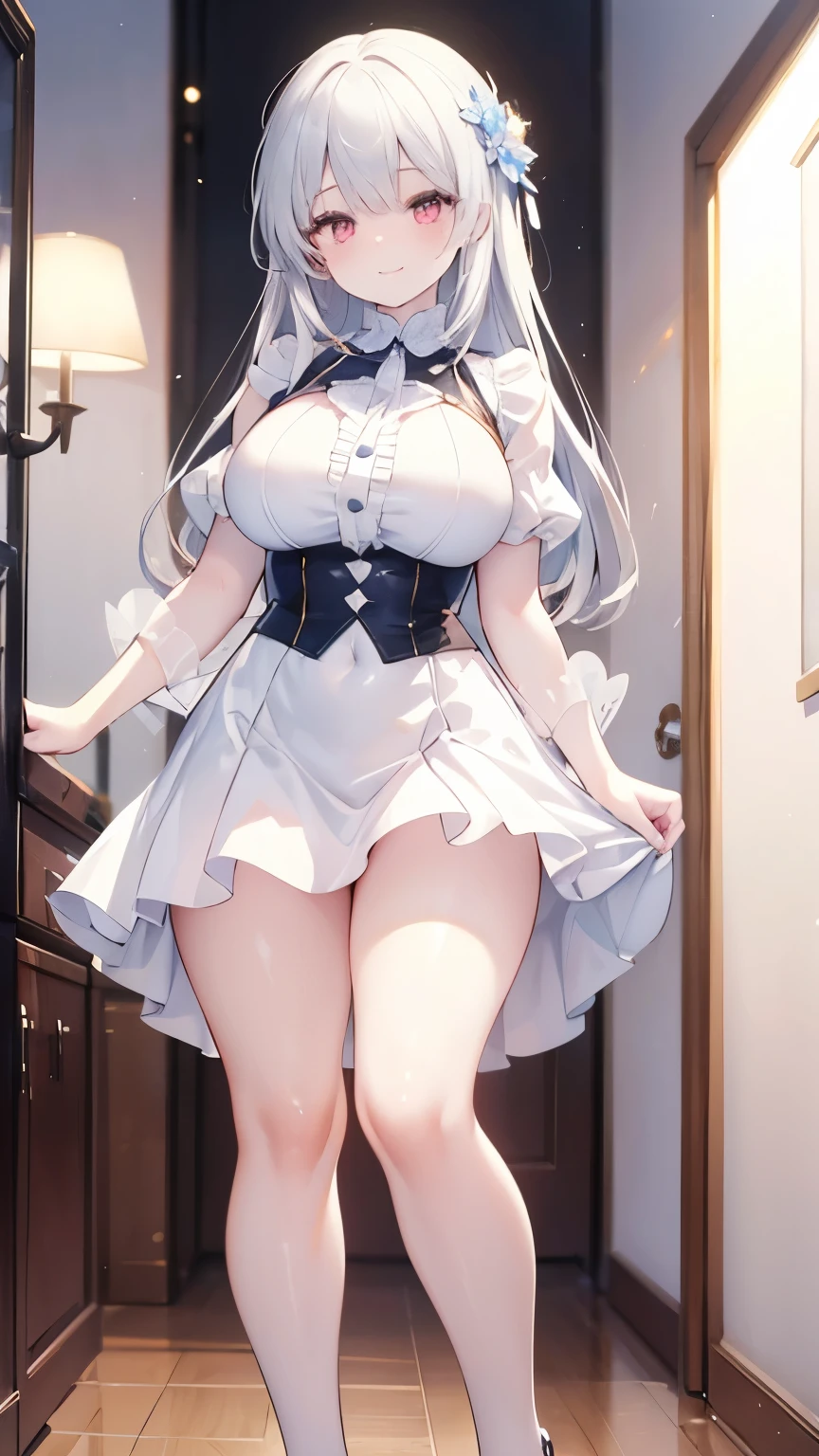 Ultra-realistic 8k CG, beautiful girl with white hair, blue eyes, open mouth, puffy, plump body, corset breast, fleshy thighs, white patterned stockings, high heels, full body, looking at the audience, symmetry,