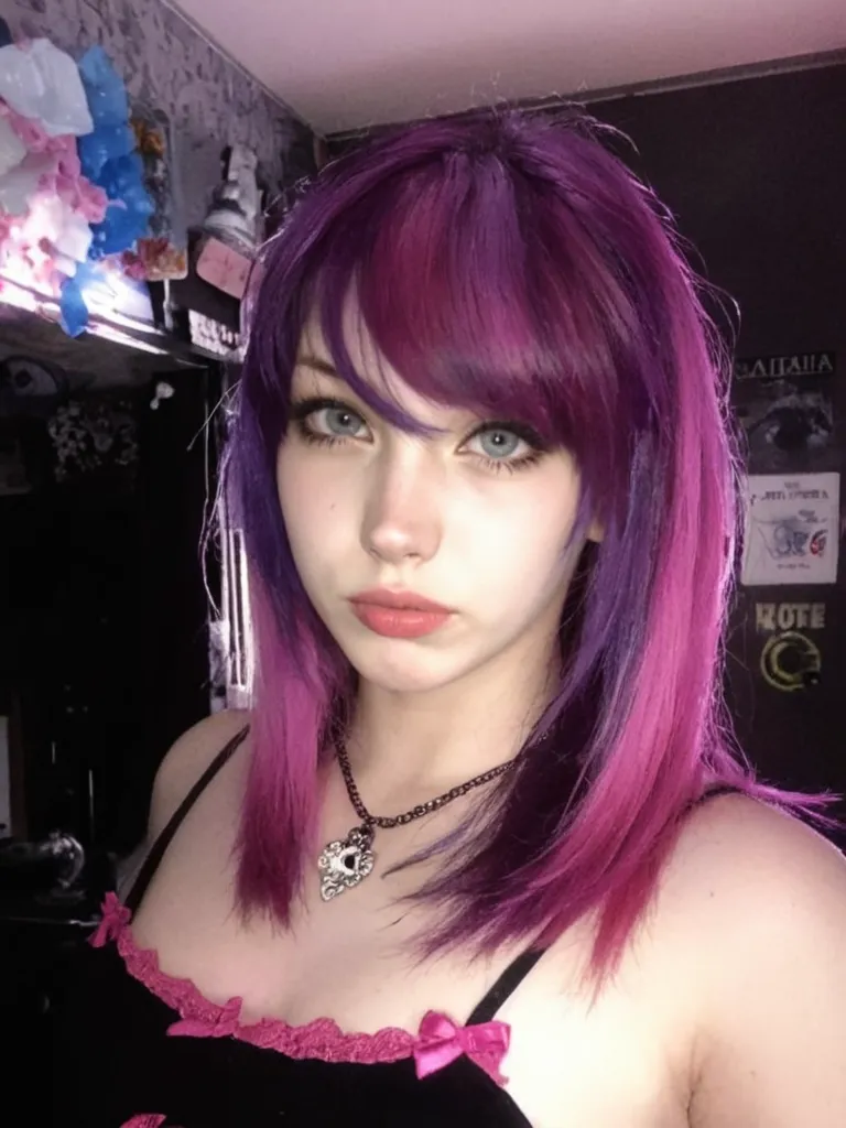 bce, 1girl, magenta hair, black eyes, goth, asymmetrical hair, long hair, bedroom, wispy bangs, upper body view, black shirt, crossbone skull print