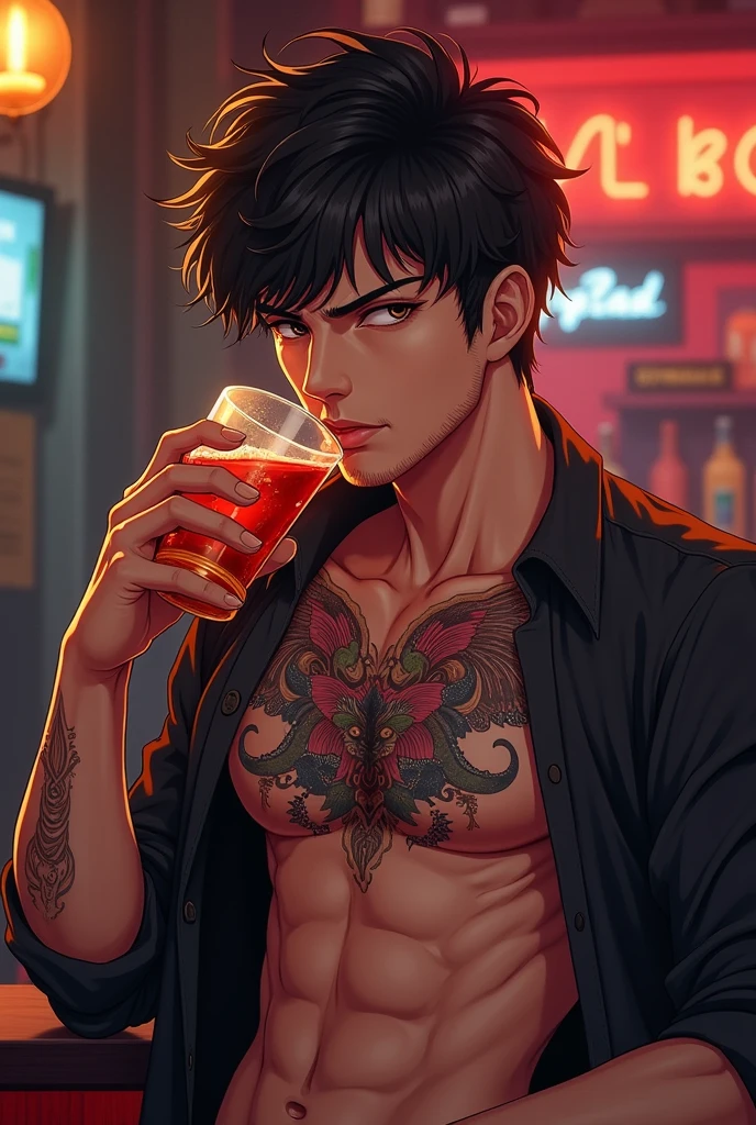(masterpiece, best quality), intricate details, 8k, artstation, wallpaper, official art, splash art, sharp focus,
1boy, short hair half shaved on the sides, purple eyes, black hair with red locks, tattoo on the arm and neck, holding a glass with whiskey, piercing on the eyebrow and mouth, looking at the camera, wearing a black leather jacket with no shirt underneath,
Party in the background, colorful party lights, nightclub feel