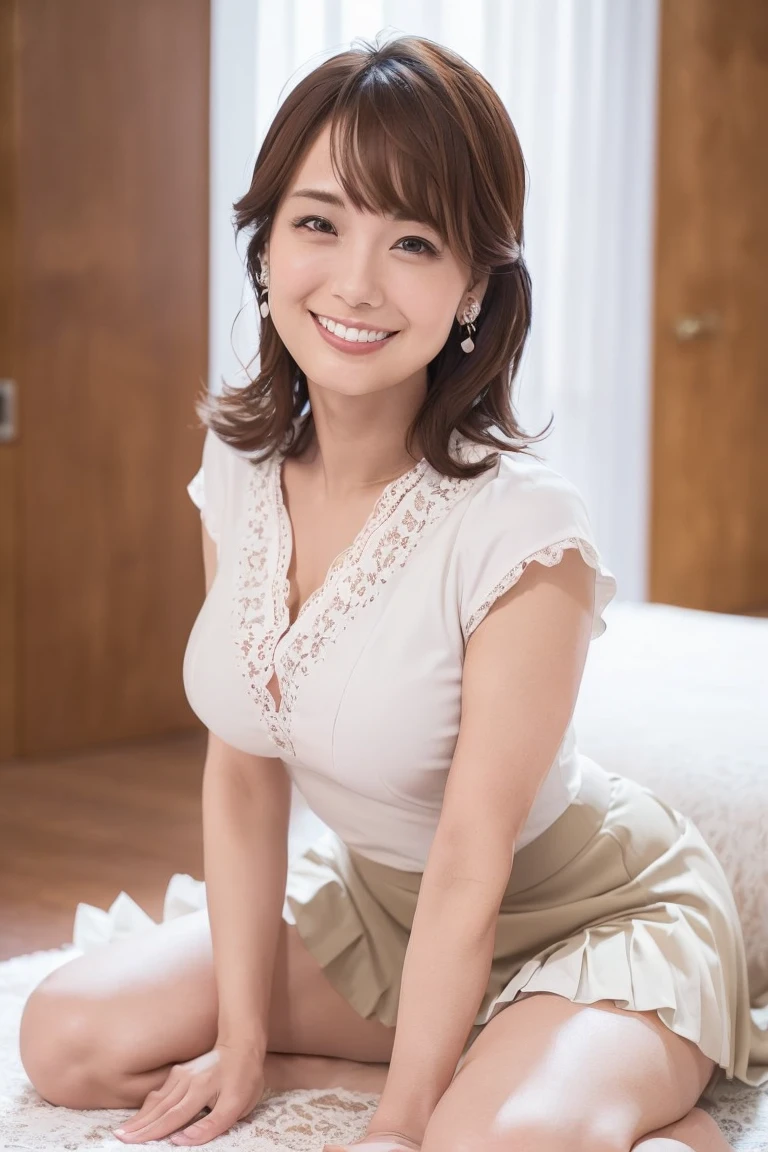 ((Best Quality, 8k, Masterpiecedetails, ultra-high resolution)), (looking at the viewer), (full shot:), attractive business 1 milf laying down on office, desk, a bit chubby:0.25, white collared shirt, grey skirt, (doggy posing on the desk)), smile, office of CEO,