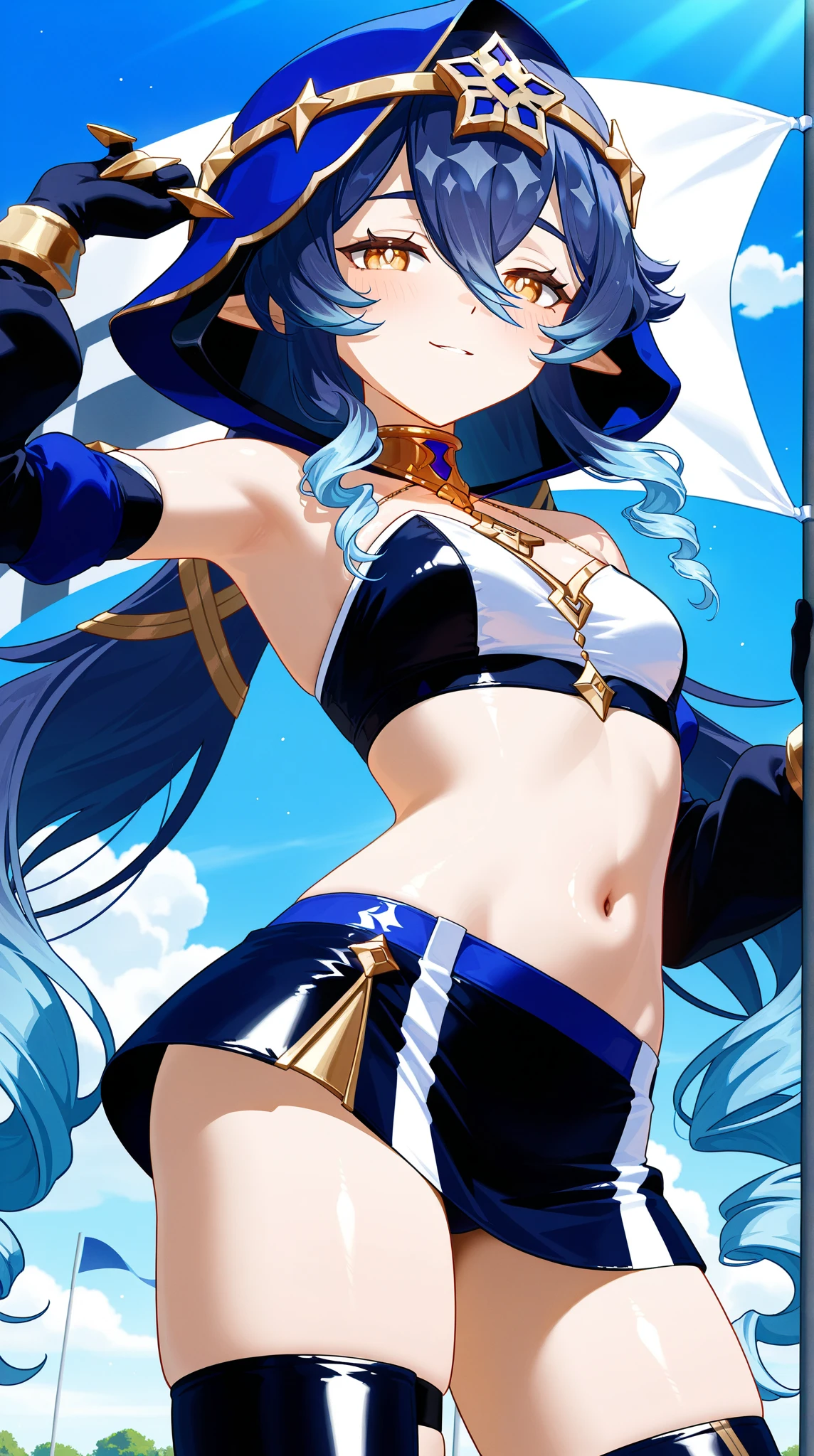 1 girl、Thin legs、belly button、Put your arms behind your back