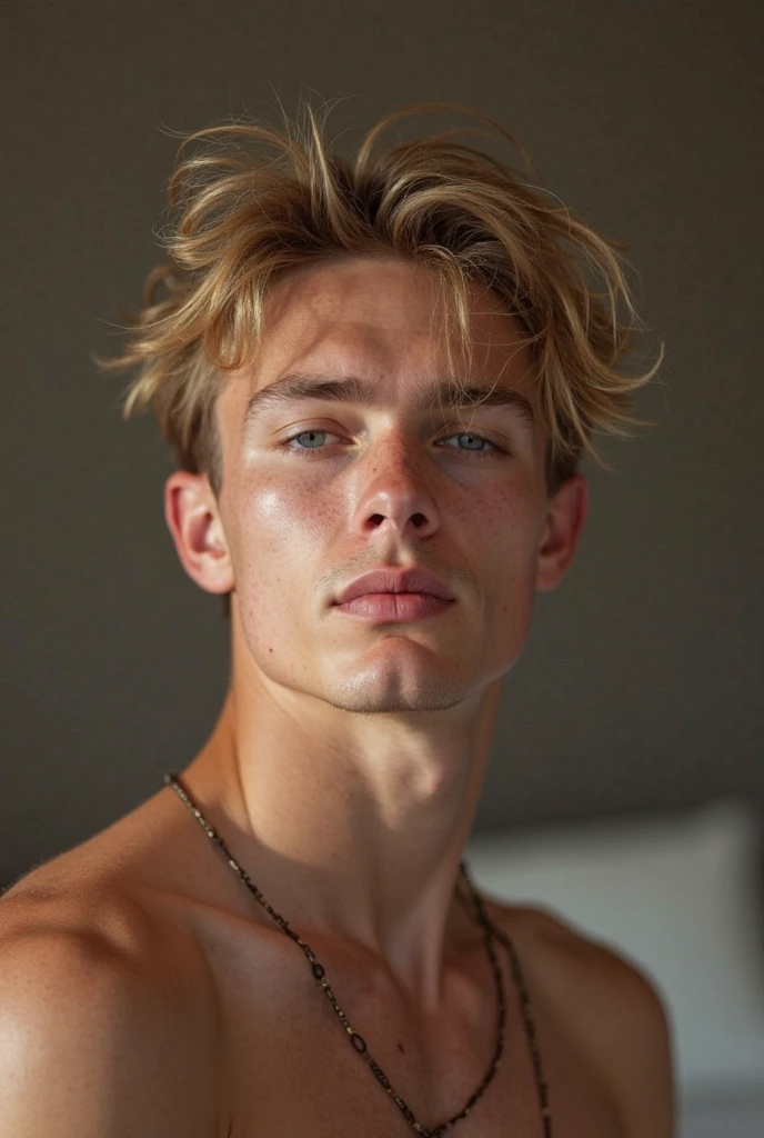 (best quality, 4k, 8k, high resolution, Masterpiece: 1.2), ultra detailed, (realistic, photorealistic, photorealistic: 1.37), 1 male model, albino skin color, green eyes, blonde hair, slightly curly hair , showing his armpits, sexy Pose, serious face, muscular and slim build, the model is 17 years old, thick and strong biceps, front face photo