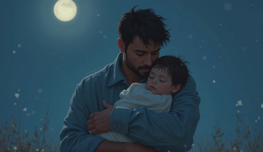 a father holding his baby boy at the seaside at night, starry night sky, shiny stars,