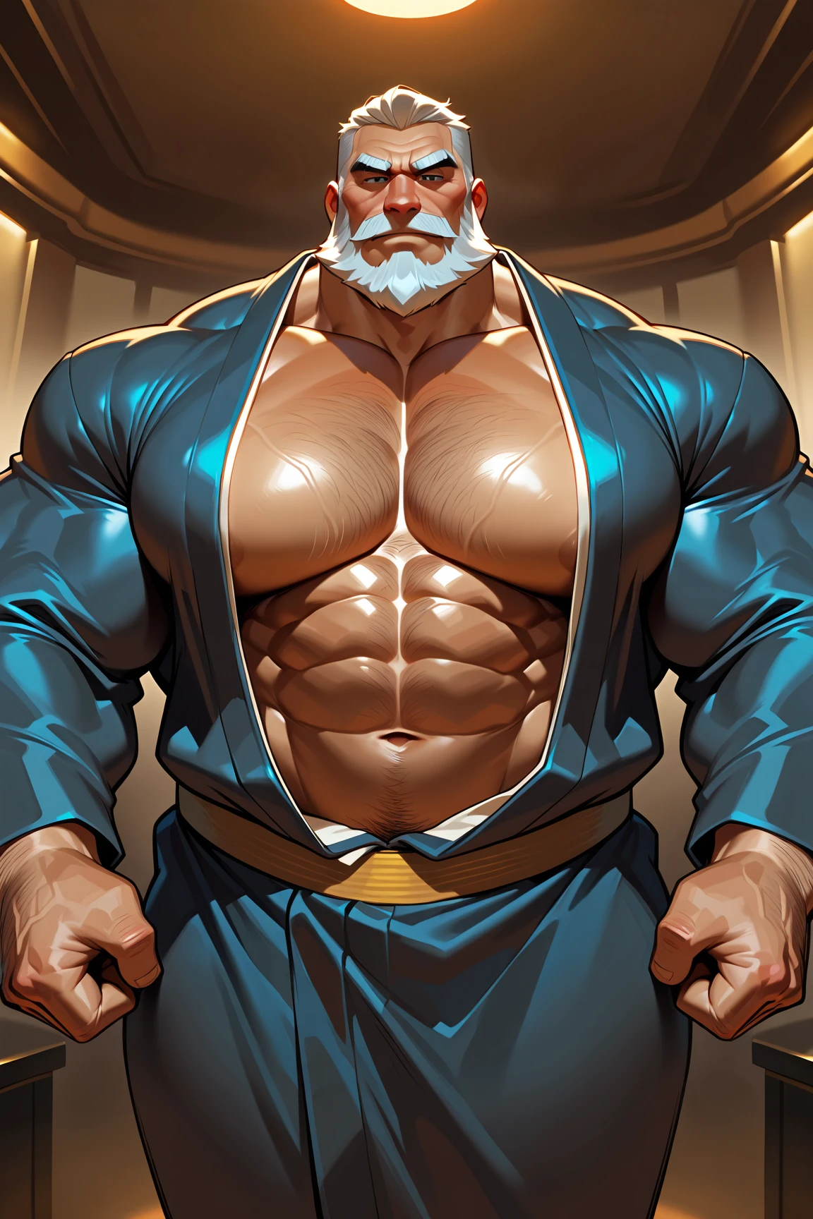A burly, virile, and hairy werewolf, exuding the irresistible charm of a himbo muscle daddy. His middle-aged features, adorned by a long, bushy beard and a thick mustache, reveal a life of experience and adventure. His body, sculpted into a warrior's build and a bodybuilder's physique, is a testament to his unyielding dedication to physical fitness. The hair on his chest and belly forms a carpet of thick fur, while his hairy arms and legs are adorned with a natural, untamed layer of hirsute. Every muscle on his overmuscular and musclebound frame is defined and bulging, veins pulsing beneath the surface, hinting at his incredible strength. Despite his advanced age, his grey hair only adds to his handsome and dreamy appearance.
