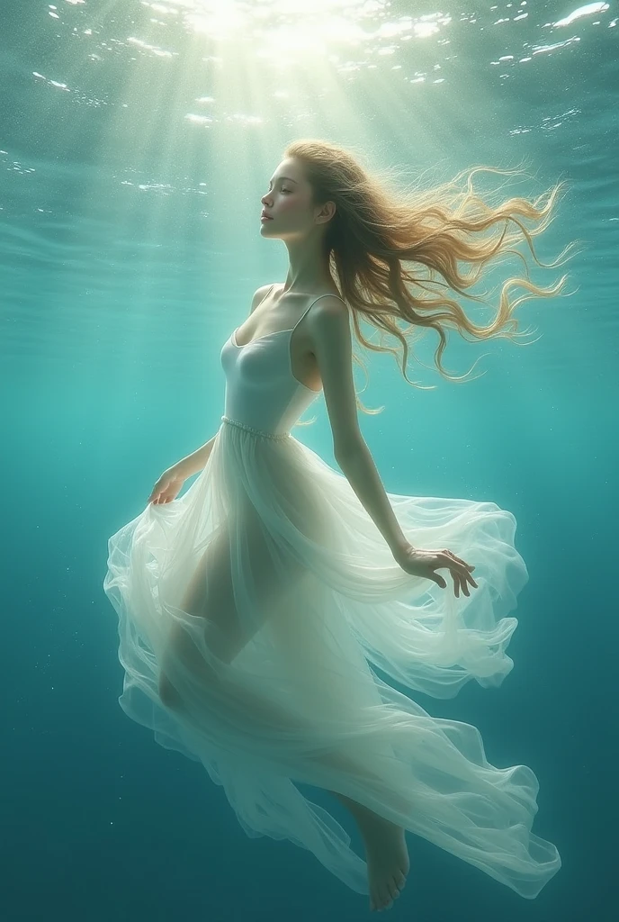 A beautiful Japanese girl is depicted in a vertical, ultra-realistic illustration, playing an electric guitar underwater. She wears a thin, translucent dress that flows gracefully in the water, emphasizing her delicate and ethereal presence. Her hair, styled in twin tails, floats freely around her, adding a dynamic sense of movement.
The background features an underwater scene with shimmering light filtering through the surface, illuminating schools of fish swimming around her. The artist employs digital painting techniques to create high detail, especially in the textures of the dress, guitar, and underwater environment. The lighting and reflections are meticulously rendered, capturing the surreal and magical ambiance of the scene. The use of vibrant blues and subtle highlights enhances the overall sense of depth and realism.