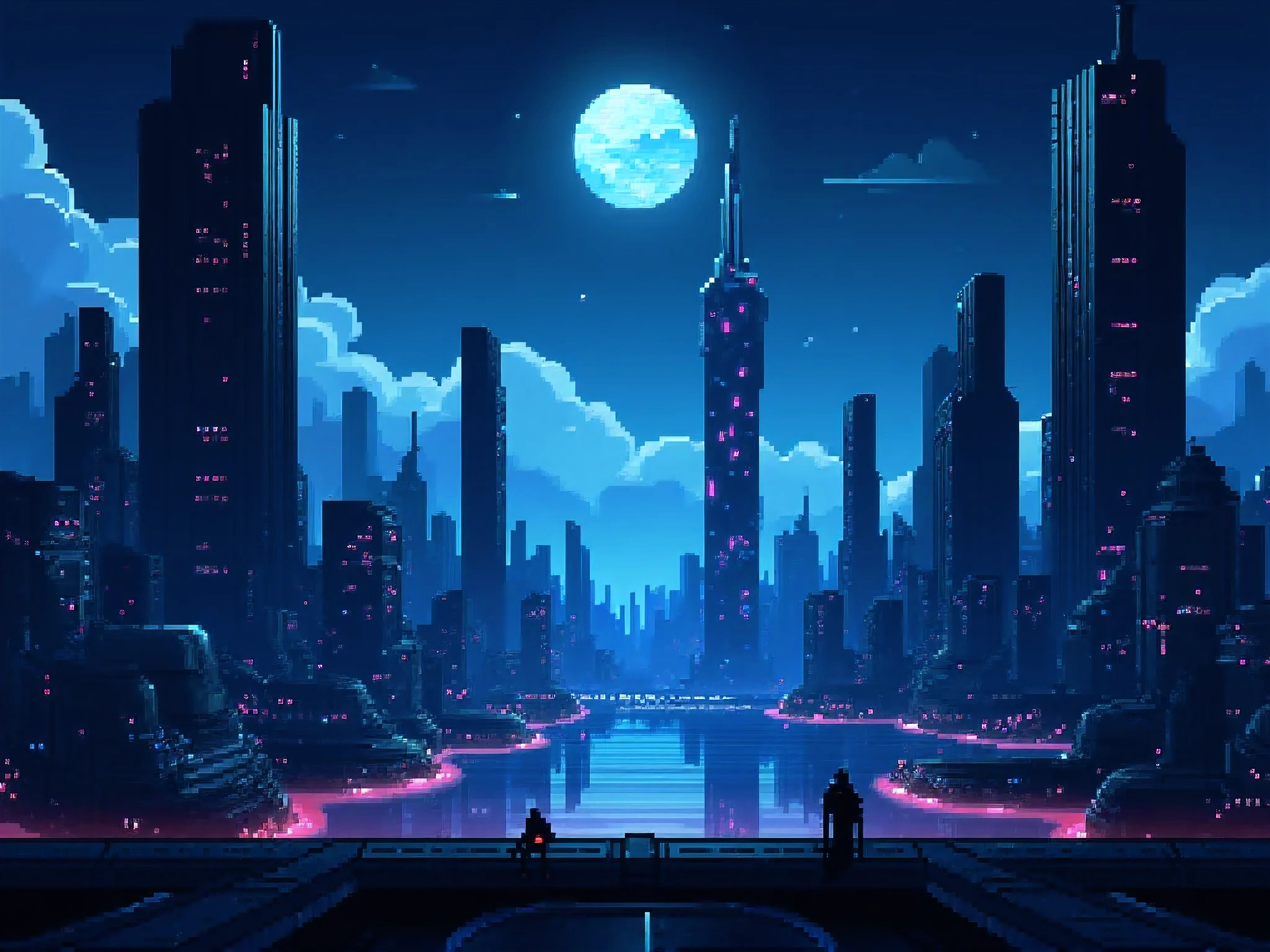 (pixel art), futuristic cityscape, gradient dark blue sky color, sky tower, sky scraper building, cyberpunk city, night sky with full moon.