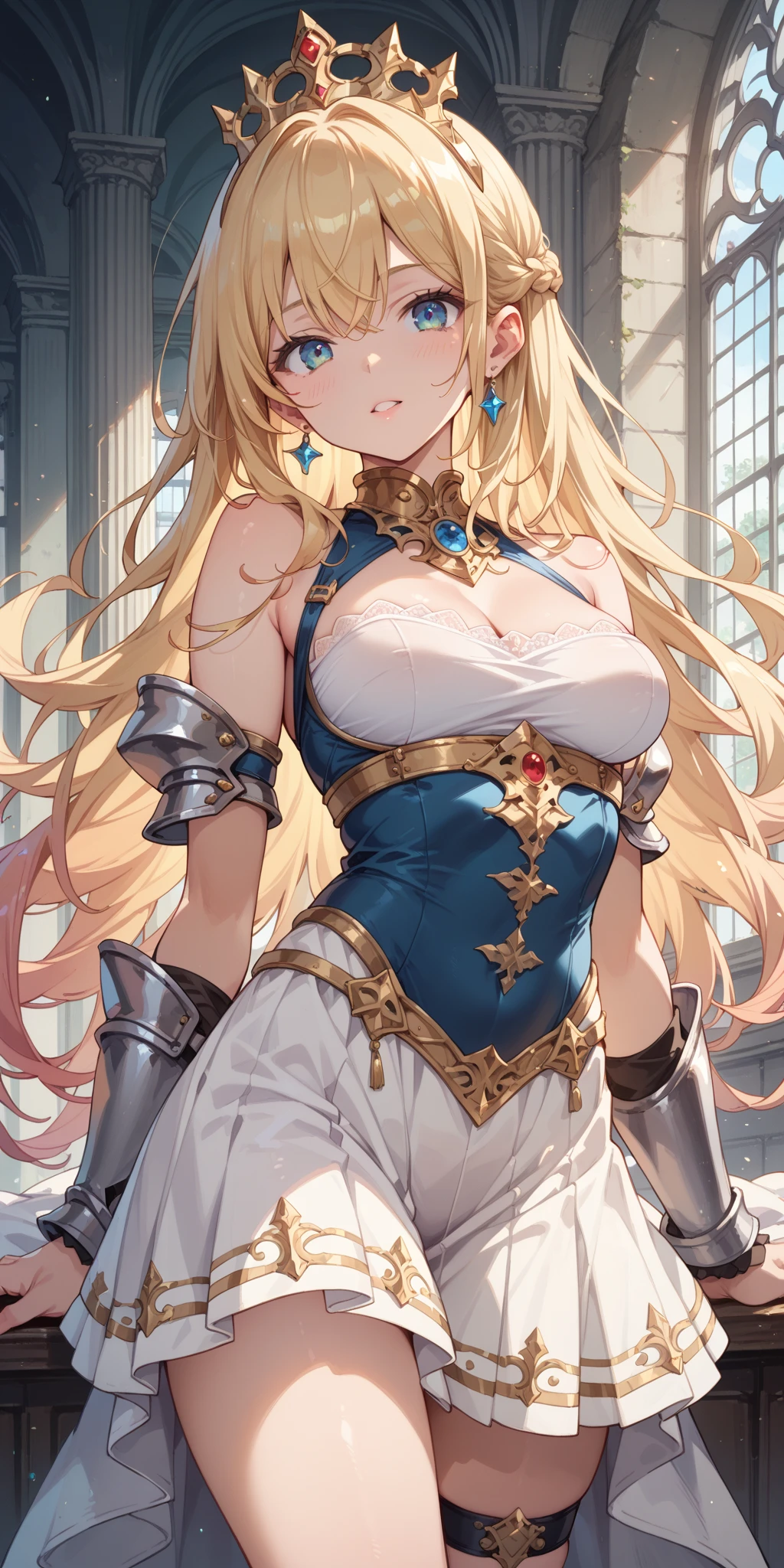 Very detailed、highest quality、Best image quality、masterpiece、8k、Anime Face、A kind smile、Open your mouth、Sparkling blue eyes、(Blonde wavy hair:1.5)、、Muscles of the whole body、Hands on hips、camisole、Thigh belt、mini skirt、(Wearing gold bikini armor:1.5)、Cowboy Shot、(Leg armor:1.5)