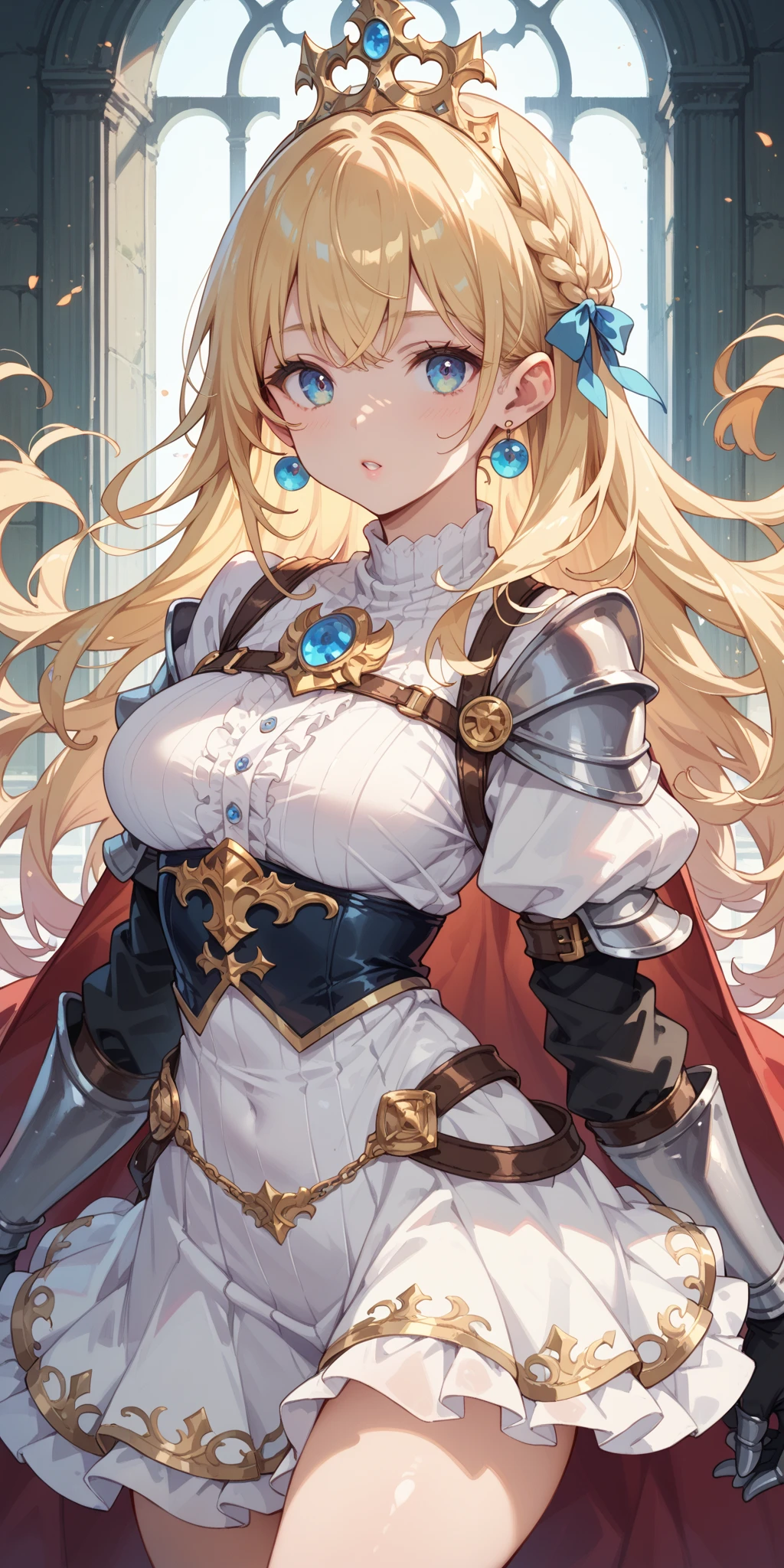 1girl,bust up shot, blue eyes, slanted eyes , big eyes:1.3, silver hair, long hair, wavy hair, forehead, large breasts, golden armor, armor dress, crown, in the castle,
