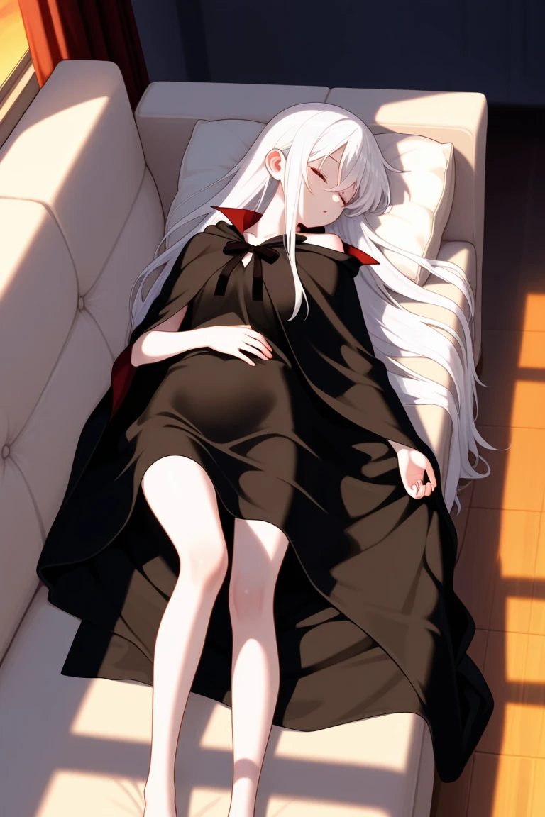 (master piece), (best quality), a vampire, vampire woman, with platinum hair, long hair, heavy and platinum hair, very white skin, skin as white as snow, red eyes, ruby ​​eyes.  [(pose: sitting on a throne, legs crossed, hands crossed on the knees,.(sitting sideways),(looking forward), silk throne, (white silk, red silk)]. [(Clothes: ( black dress), (large neckline), irregular edges, gothic and sexy style, marked breasts, long cut dress, (exposed legs), high heels,.stiletto heels.)], [(lighting: volumetric lighting), back light, soft light, pregnant.- 4k