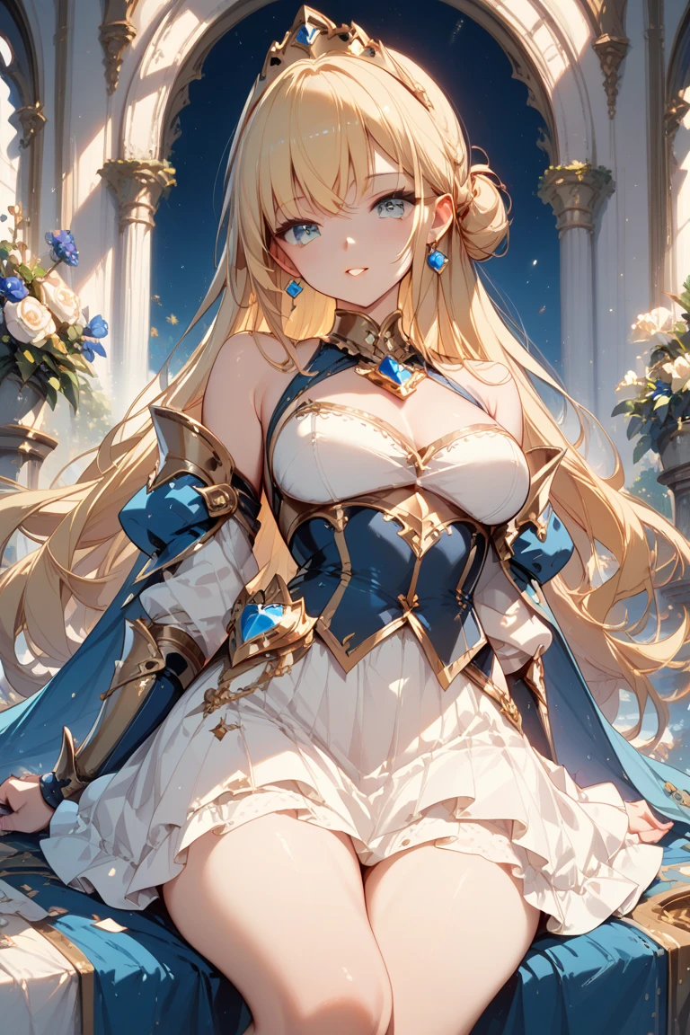 4k,High resolution, one woman,blonde,long hair,blue eyes,big breasts,Princess,Princess騎士,white holy armor,heavy armor,白色のPrincessのドレス,Princessのティアラ,jewelry embellishments,long sword,medieval castle town