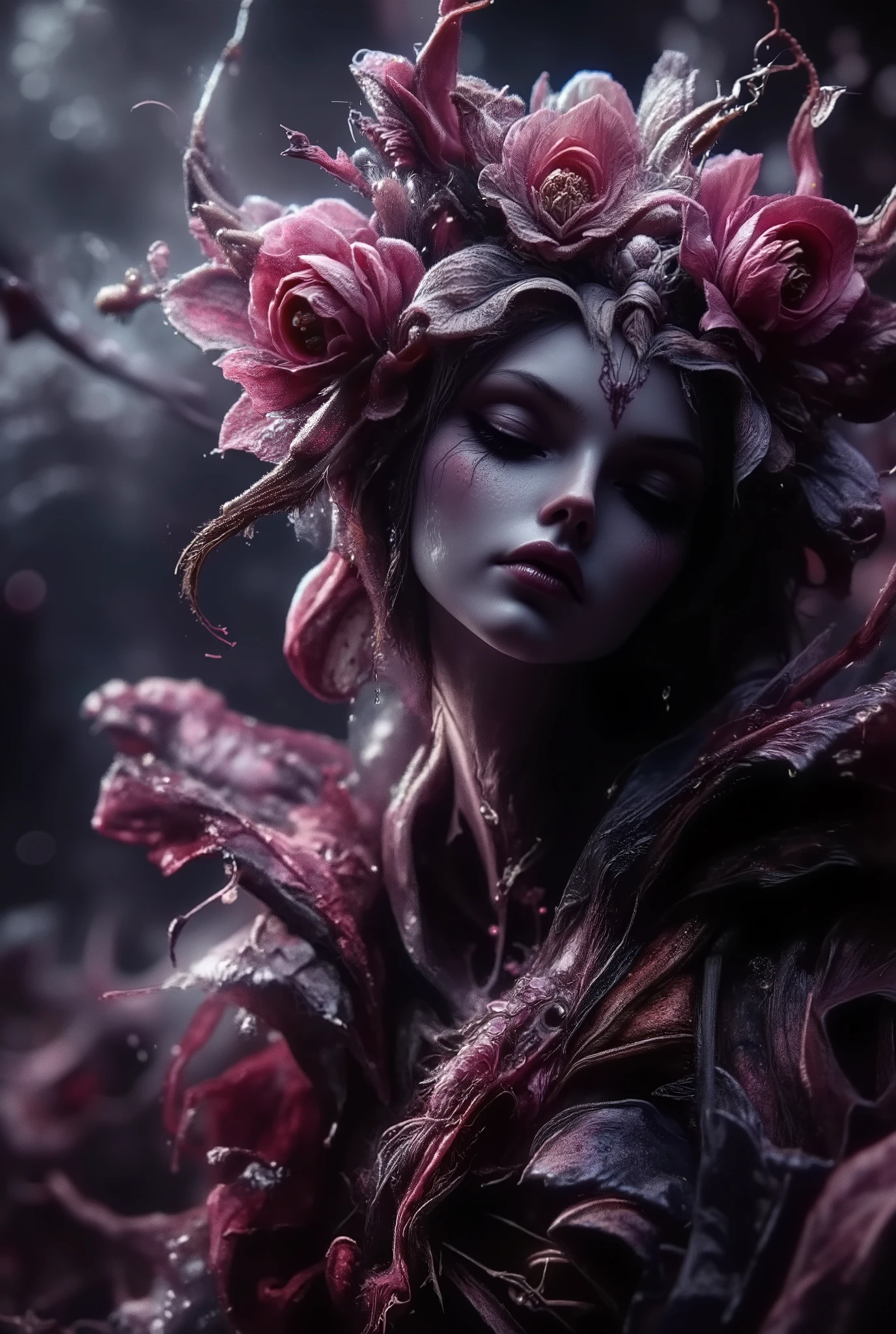 close-up photo of a surreal dark fantasy art, sensual anthropomorphic flower figure, tender, petal-like, skin, elegant seductive pose, looks at the viewer in great detail,photorealistic studio lighting,8 k,hyperrealistic portrait of a seductive anthropomorphic floral creature,sensual and seductive facial expression,tender, petal-like, skin,elegant pose,dramatic dark fantasy lighting,ethereal and mystical atmosphere,intricate floral details,lush organic textures,gloomy chiaroscuro,bright colors,cinematic composition
