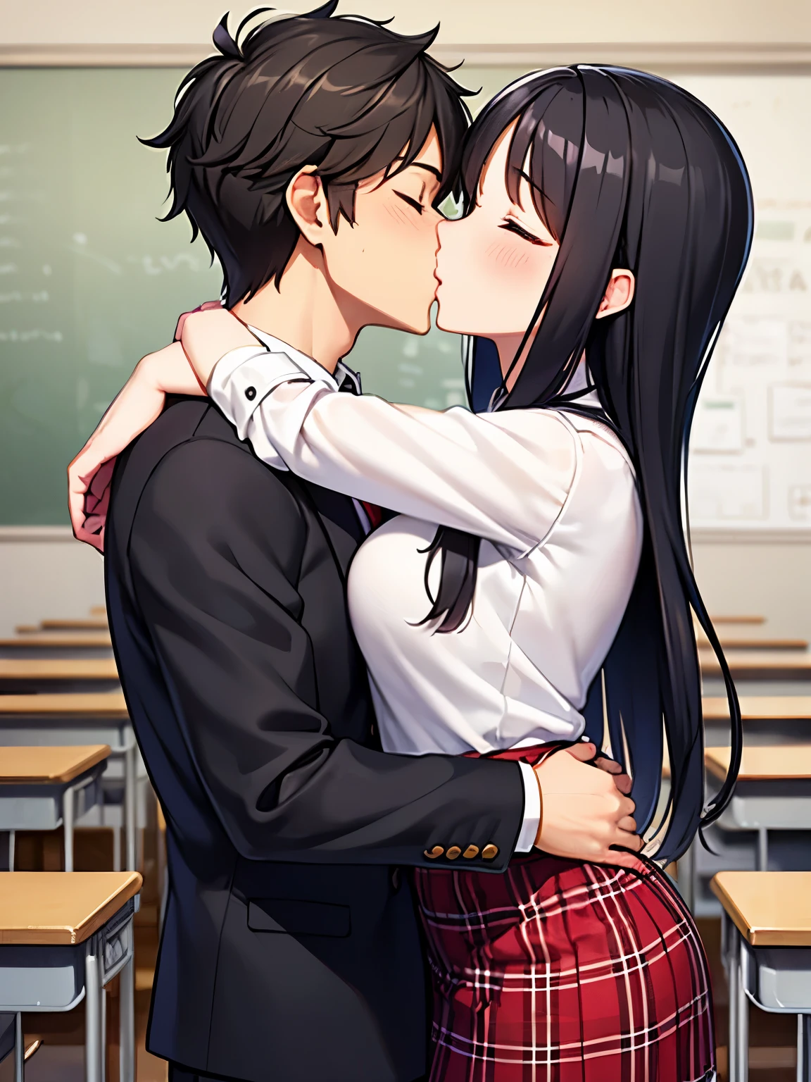 A handsome male high school student with short black hair and a female high school student wearing a red check skirt stand and hug each other、A passionate kiss in the classroom 。