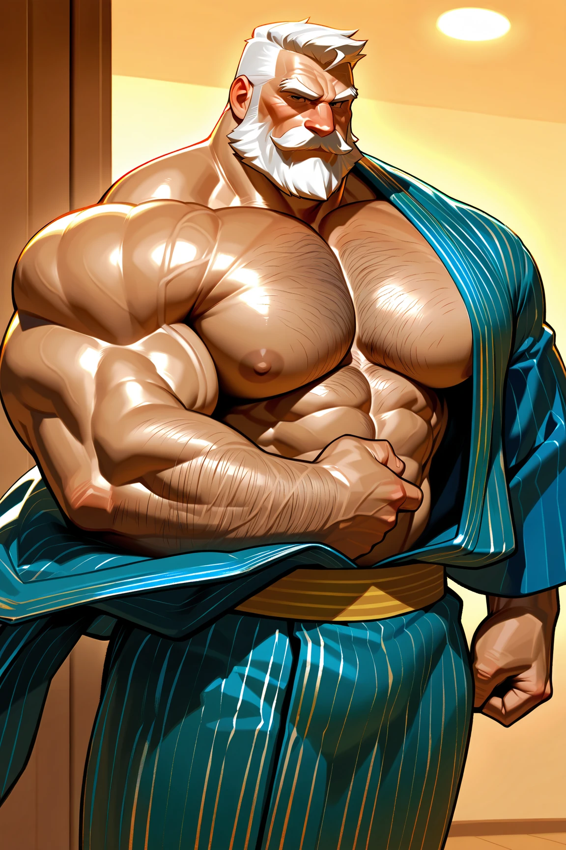 A tall, handsome, statuesque, masculine, adult man is platinum blond, he has tanned skin, blue eyes, long straight platinum hair, he is stripped to the waist, stands in the middle of the room, covers his groin with a large snow-white towel. His hair is wet, his skin is wet. Realistic image.