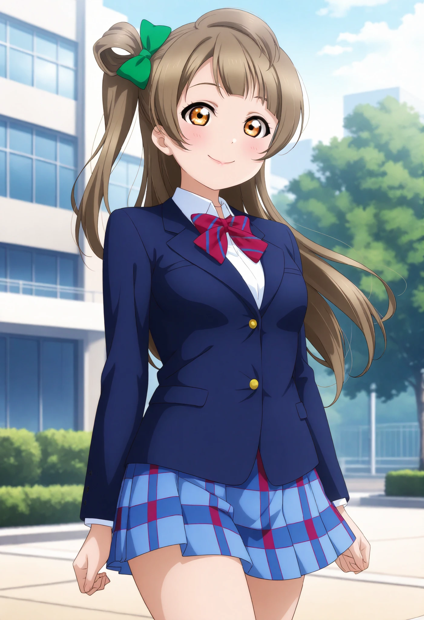 masterpiece, best quality, 1girl, solo, cowboy shot,  lovelive_kotori, cowboy shot, blue blazer, blue plaid skirt, red striped bowtie, medium breasts, grayish brown hair, green hair bow, bangs, one side up, long hair, amber eyes, closed mouth, glossy lips ,smile, school, outdoor ,from front, raise down fists