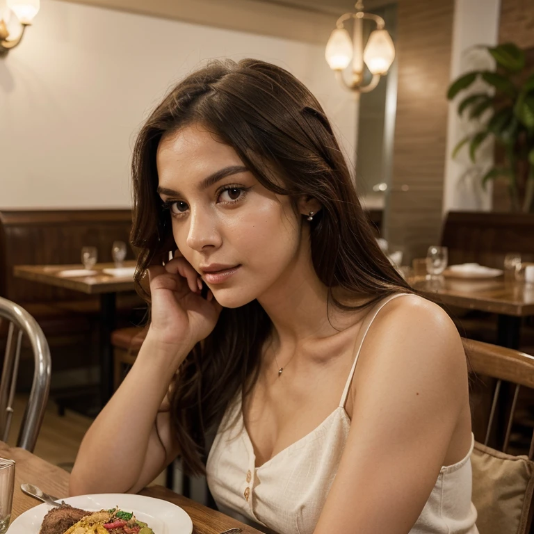 realistic photography, Bianca (Femme, 28 ans, long wavy brown hair), (yeux parfaits), assise dans un restaurant, restaurant parisien, sitting in a restaurant with a beautiful plate in front of her lit by the night light. batiments chics, personnes a table derrière, chic dressed waiters, illuminated by night light. light on her, angle de photo sur le côté.Une élaboration sur Bianca, s&#39;right in the middle of a lively restaurant, adorned with&#39;Fully dressed, tenue chic, baskets, La décoration de l&#39;vue, restaurant et décoration à couper le souffle ajoutent un charme festif à la scène.. doux, natural light illuminates the woman, projetant une lueur chaleureuse sur la femme. L&#39;atmosphère respire la joie et l&#39;holiday elegance, capturer un moment serein et joyeux. Photo prise par Emma Jackson avec un Nikon D850 et un objectif 50 mm, capturing natural nighttime light that adds warmth and vibrancy to festive decor, 8K, Ultra HD, super-resolution. --dans ５ --q 2