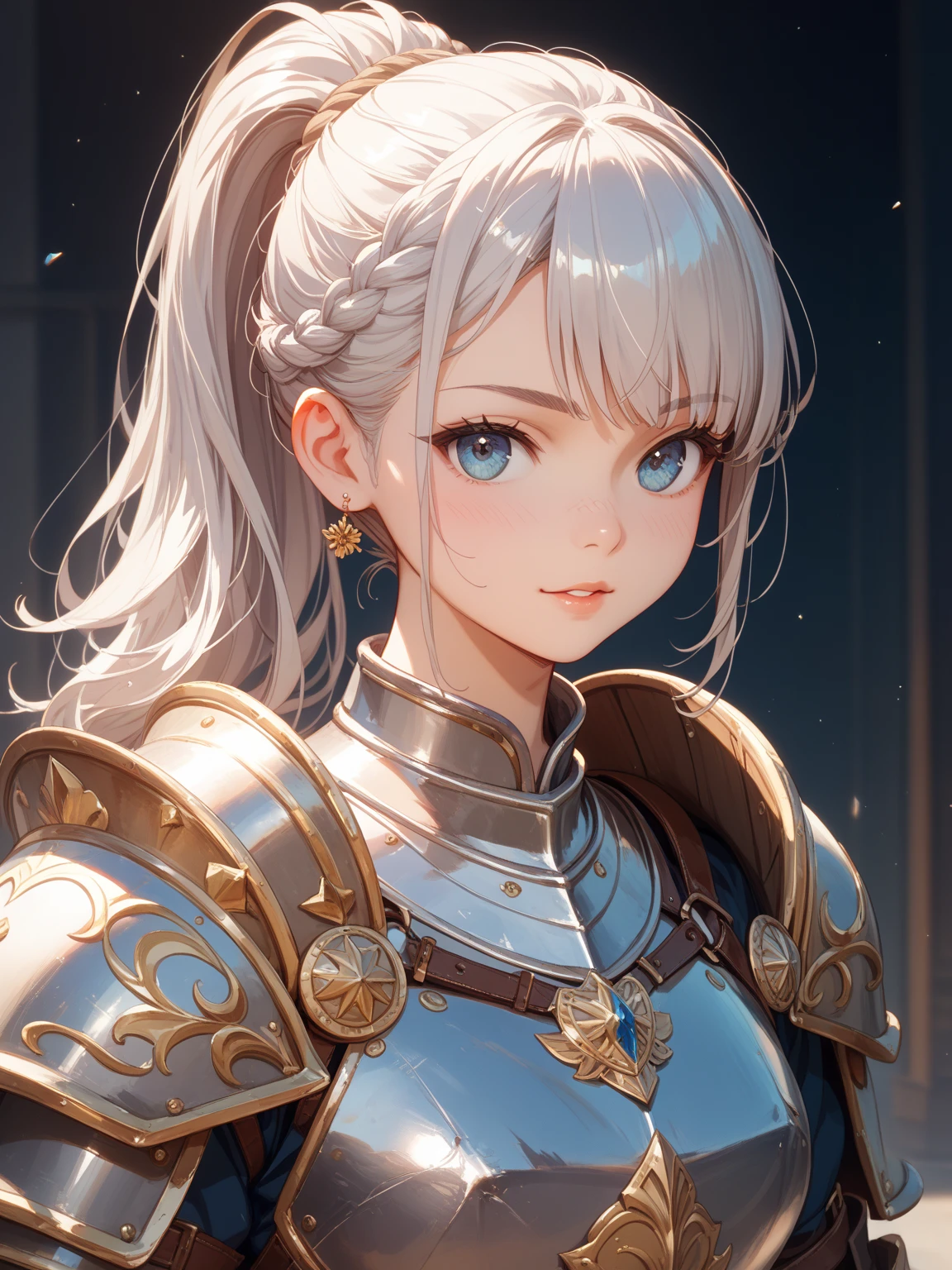 (masterpiece, best quality, ultra detailed, beautiful illustration), (oil painting:1.4), atmospheric perspective, (adventure atmosphere, elaborate atmosphere:1.4), depth of field, looking at viewer, beautiful detailed eyes, 1girl, (portrait, close-up:1.4), sexy pose, dynamic angle, (sexy smile:1.4), (huge breasts), (outdoors:1.5, medieval fort:1.5, blue sky), <lora:chrisarm:0.7>, chrisarm, (french braid:1.4) short hair, white hair, armored dress, shoulder armor, breastplate, gauntlets, armored boots, sheath, standing,