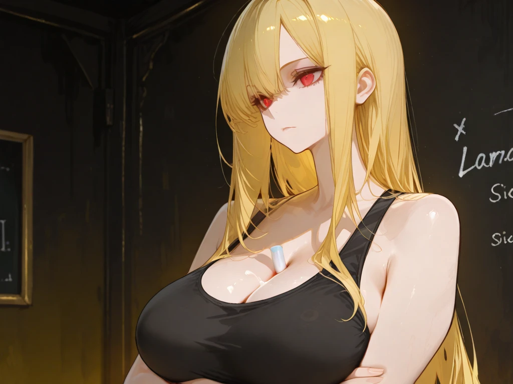 kelolinde,1girl,jewelry,breasts,skirt,solo,shirt,pencil skirt,black skirt,bra,cleavage,pantyhose,necklace,looking at viewer,holding,black bra, yellow hair,red color eyes, detail face, detail hair, detail eyes,unfriendly face