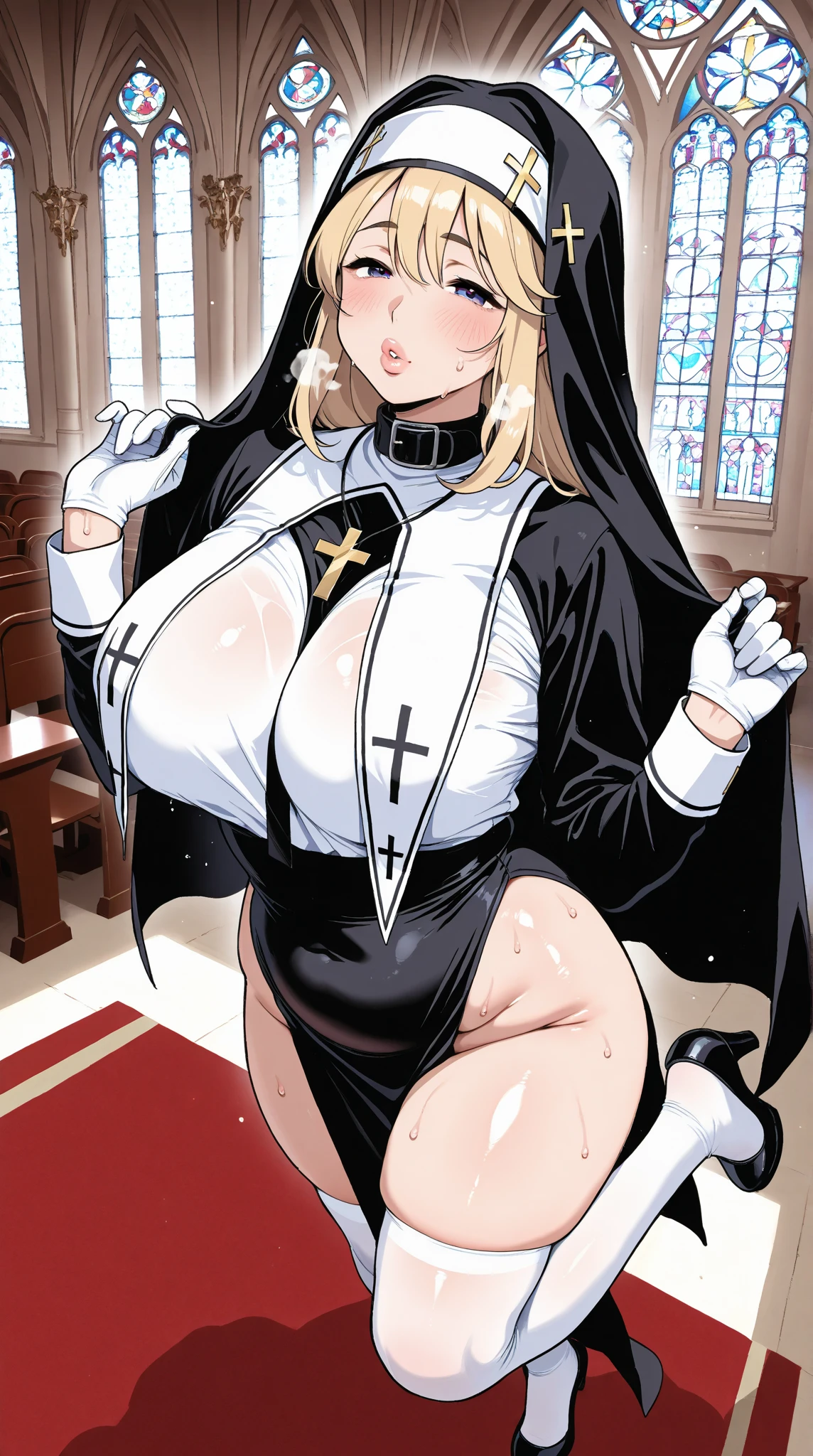 Score_9, score_8_up, score_7_up, score_6_up, score_5_up, score_4_up, source_anime, cute nun girl, closed eyes, nun robe, nun hood, sleeveless, sagging huge breasts, huge dark areolae, areola slip, long nipple, dark nipple, hairy stomach hair, wide hip, thick thighs, hairy armpit hair, Japanese, cute Japanese, anime girl, hentai, sweating, heart mark words, smelly, crowded kids, penis, hentai, cum shot, bukkake, neon signs, night, in dirty street, praying, bukkake everywhere, blonde, midriff-baring, kneeling, cum shot on wall, nipple piercing, money, anime atmosphere, bukkake on head, lighting cross, praying hand