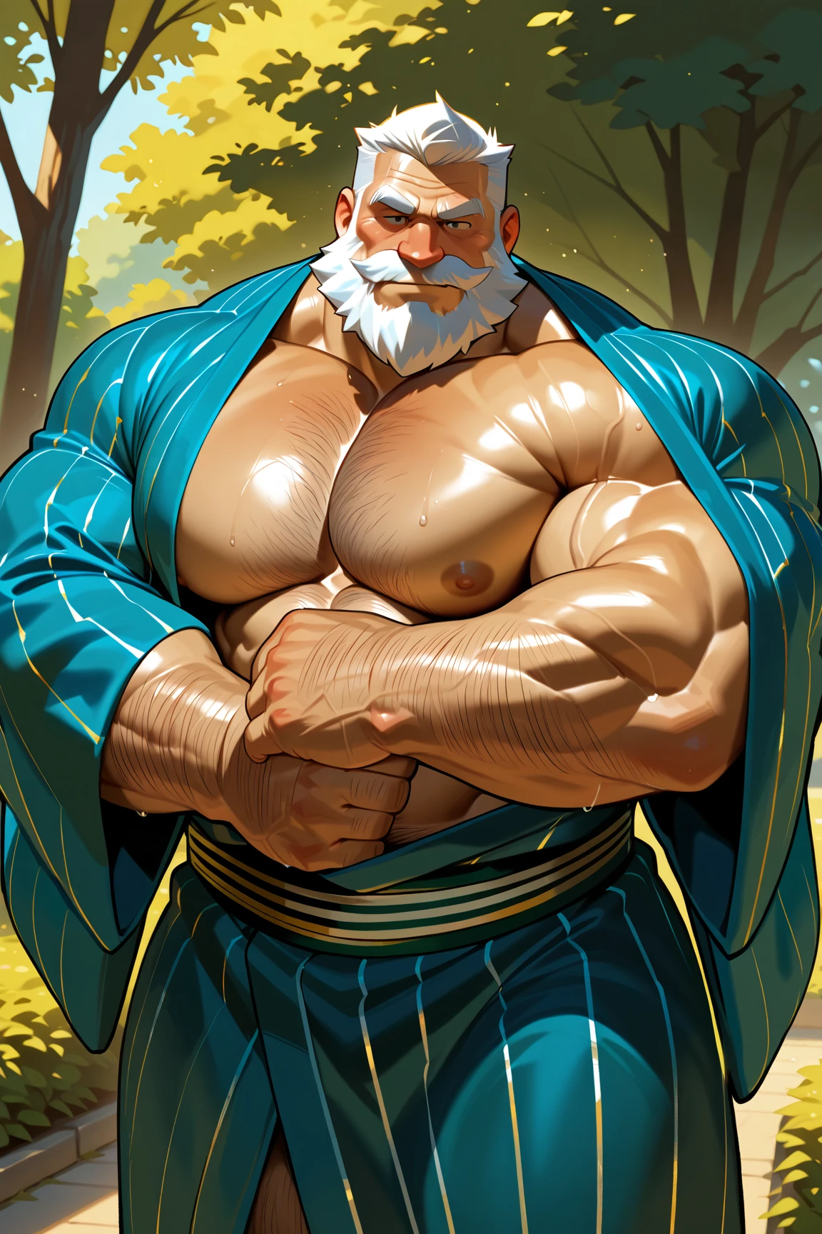 A burly older man, muscular, huge pecs,Tie blue ribbon,Extremely muscular