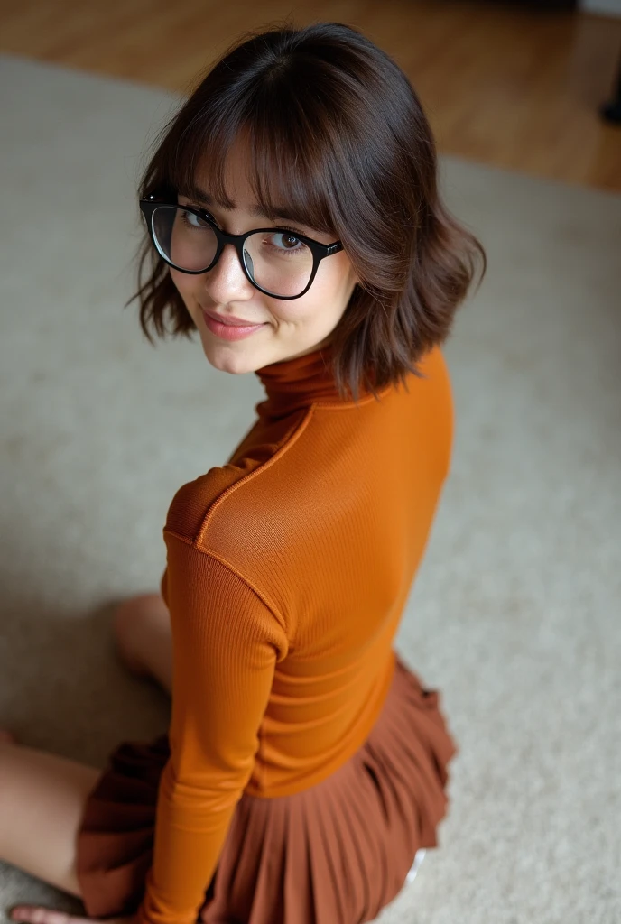 brown hair、、Bowl cut、black frame glasses、big boobs、plump body、orange turtleneck knit sweater、Red pleated skirt、Orange knee-high socks、Red sneakers、in front of high school