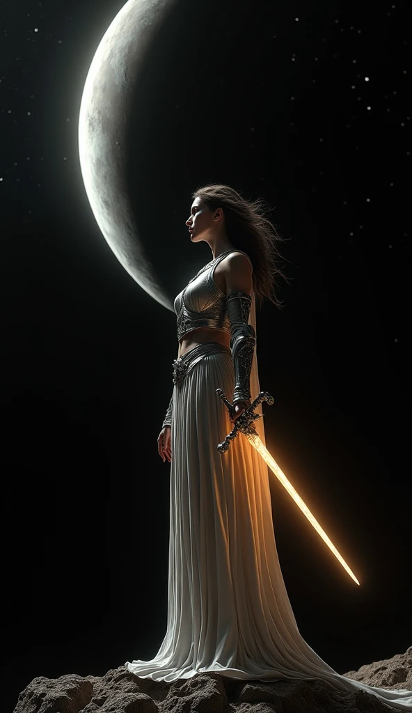 A white waif gaussian silk loincloth bottom and top holding a long thin long sci fi space moon knife boomerang, in dynamic splits pose aiming at its prey, planet zero, 8k,