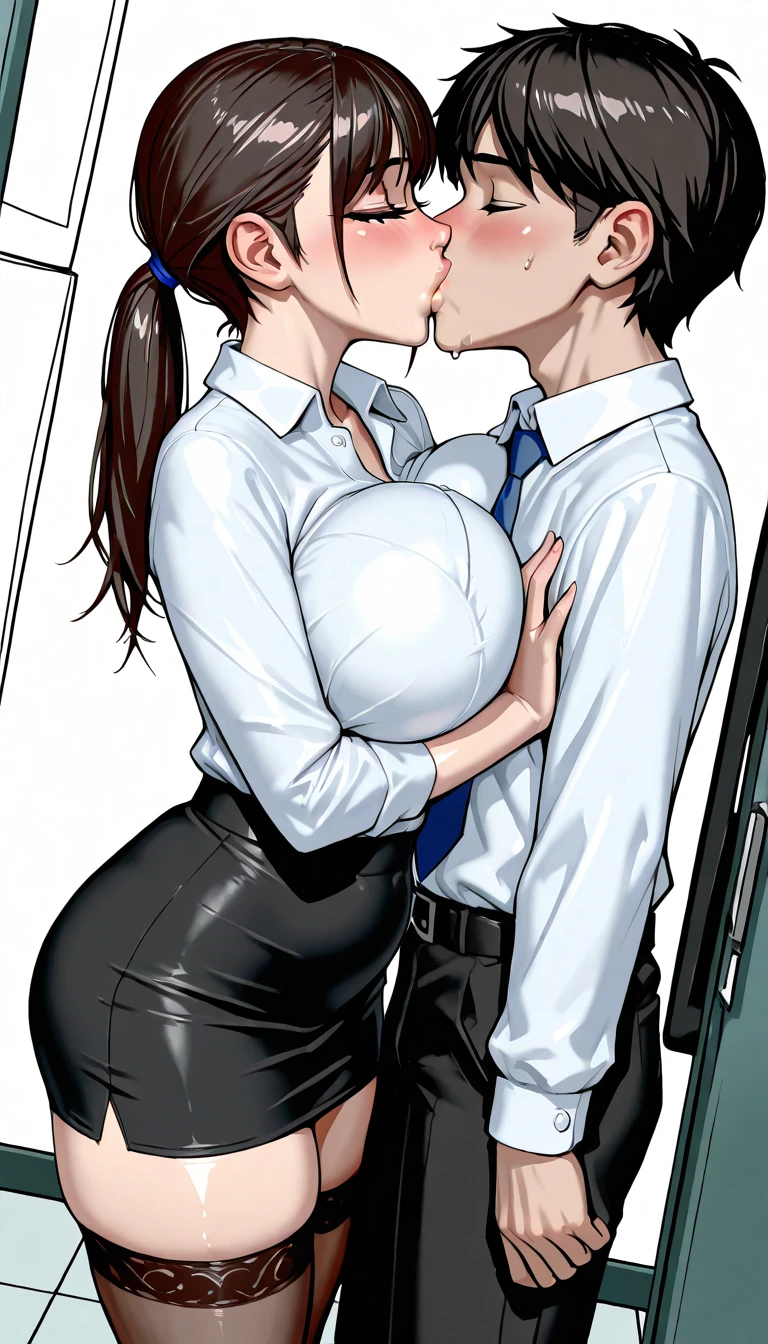 nsfw,High quality,doujin manga style,1 woman, Beautiful woman,High-definition illustrations,Masterpiece,50yd old,milf woman,Black Hair,mother,drooling,Medium breasts,beauty breasts,fall into pleasure,spoken japanese,Cuckold face,Great pleasure,Intense climax,hardcore sex,Hentai sex,vaginal penis,Her face tilted upwards in pleasure,Glossy mature milf,office LADY suits,Being forced to kiss,uncle