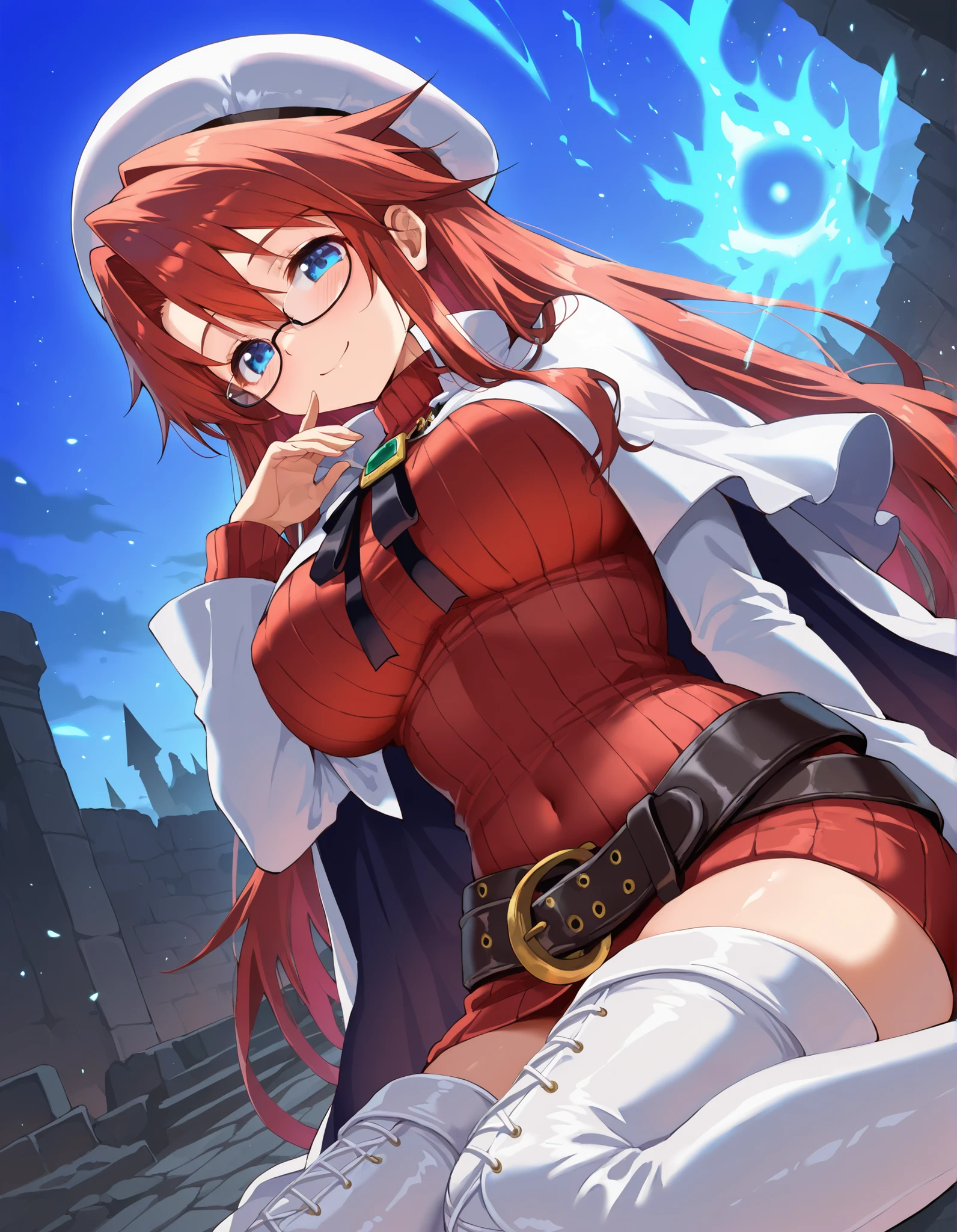 summonnightaty, aty, long hair, blue eyes, red hair, beret, hat, glasses,
BREAK long hair, thighhighs, hat, dress, boots, glasses, belt, cape, sweater, zettai ryouiki, beret, thigh boots, white footwear, ribbed sweater, loose belt,,
BREAK outdoors, fantasy_town,
BREAK (masterpiece:1.2), best quality, high resolution, unity 8k wallpaper, (illustration:0.8), (beautiful detailed eyes:1.6), extremely detailed face, perfect lighting, extremely detailed CG, (perfect hands, perfect anatomy),(covered_nipples:1.3),covered_navel,light_smile,dynamic_posing,(half_eyes:1.2),light_open_mouth,sword,armpit