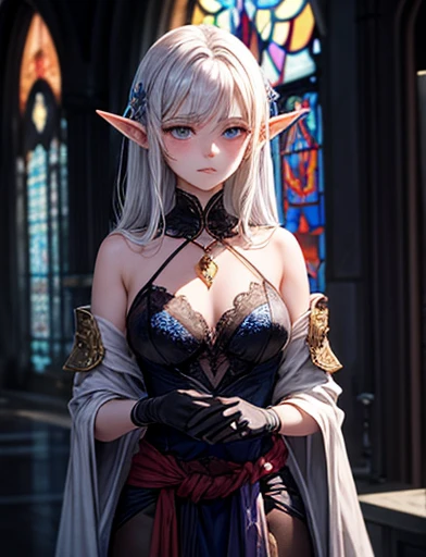 A tall and beautiful elf woman, light blue glowing eyes, cold expression, proud posture, chest up, lavender skin, purple facial tattoos, silver tied hair, exposed chest, exposed shoulders , showing her navel and thighs, looking up at the camera, in a medieval inn.