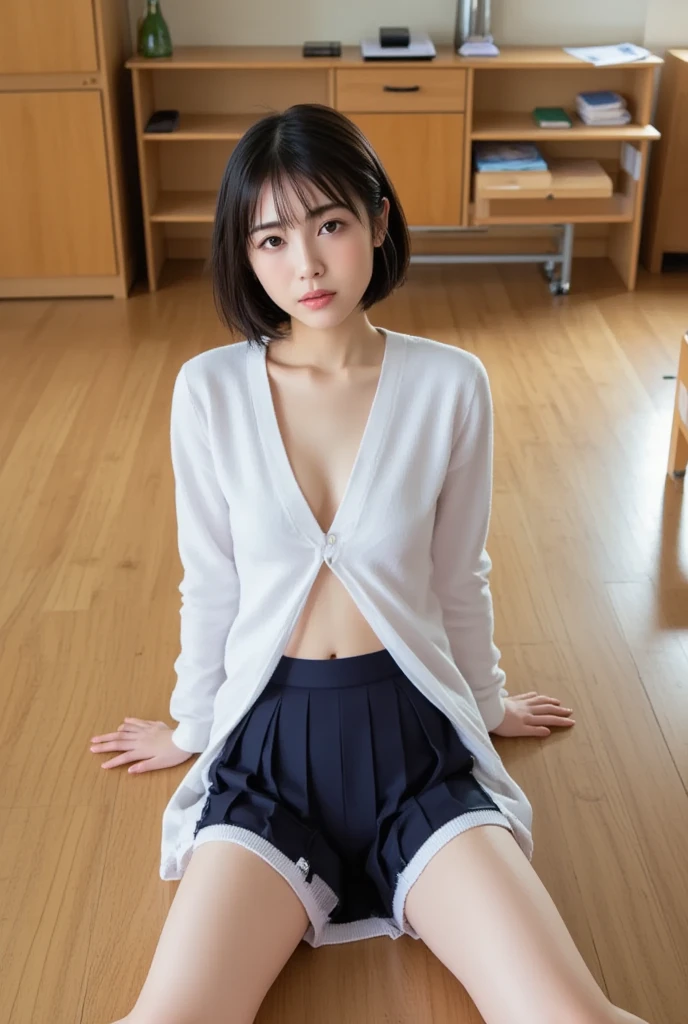 　(((Japanese female elementary school student)))(9-year-old girl)　((((9-year-old girlが一人、solo))))　whole body写真　Full Shot　Short Hair　A low ponytail　(((((Dark tanned skin)))))whole body　Innocent　Winter clothes　((mesh))knit　black off shoulder sweater　Lace skirt　cute　Elementary school classroom　　Shot from between the legs　Spread your legs　Spread your legs　　Visible through the gapショーツ　Visible through the gap(Panties)