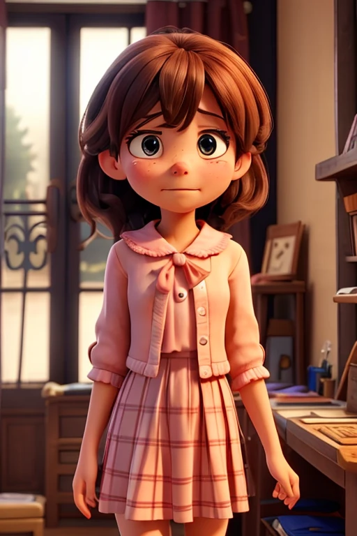 Create the image of a young girl alone. She has a lot of time, brown hair and bright brown eyes that express a mixture of sadness and determination. She is dressed in a simple white dress, yet elegant, with delicate lace decorations.. The overall scene should be depicted in a Disney-inspired style, with expressive eyes and gentle features, capturing the emotional depth and tenderness of the moment.