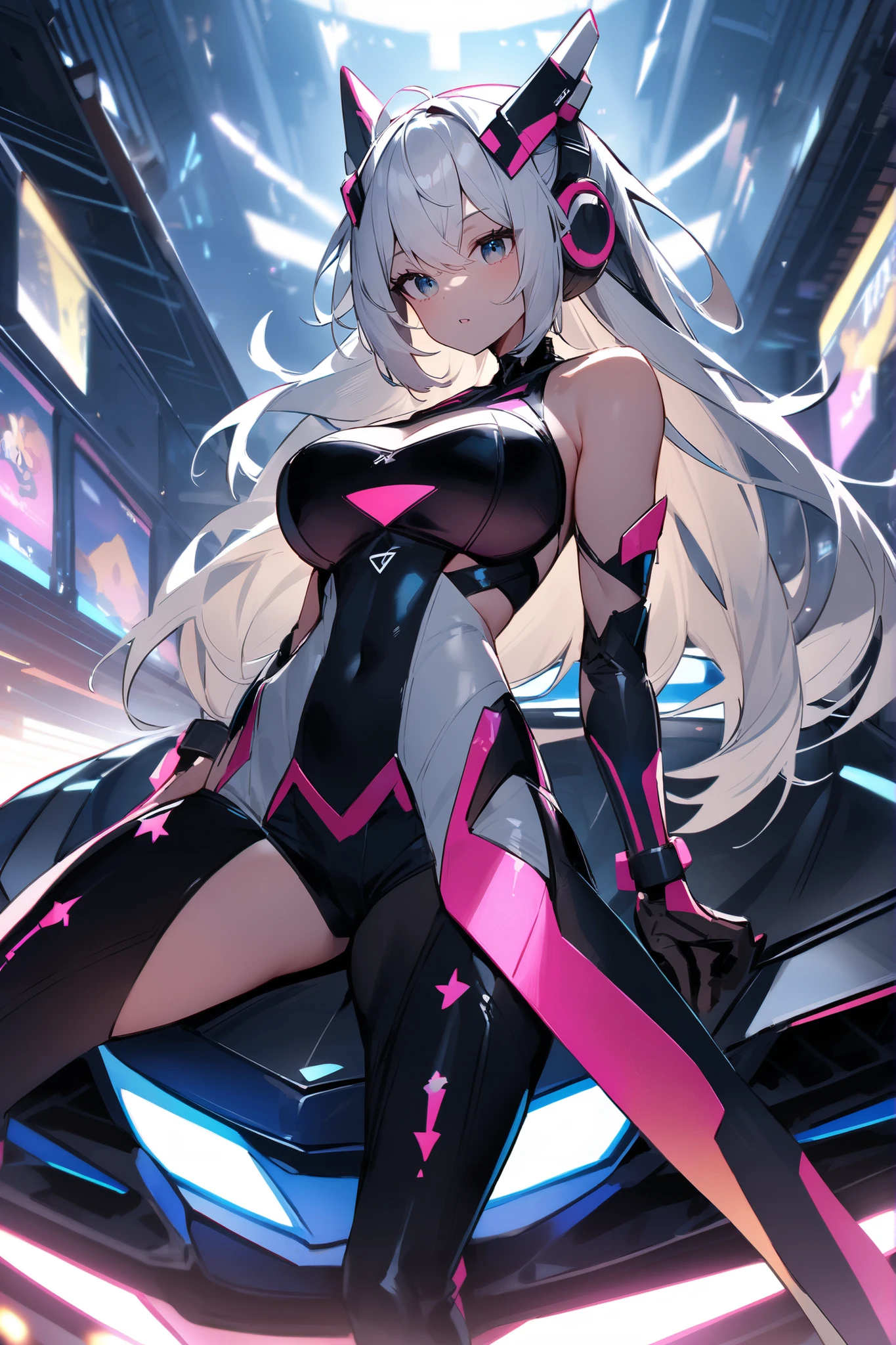 (highest quality), Angle from the front:1.2,1 female, alone, Shining school swimsuit,double big round eyes,two tone hair,((two side up)),red eyes, (black skin),blush,smile, (open chest:1.1),Cyberpunk world,dynamic composition,big breasts,Socks above the knee,Psychedelic color scheme,rainbow colored background,rabbit ear headphones,turbo in the back,machine legs,rainbow colored screen,((cockpit of a complex machine)),look far away,(armor in the shape of a hoodie),holding a game controller