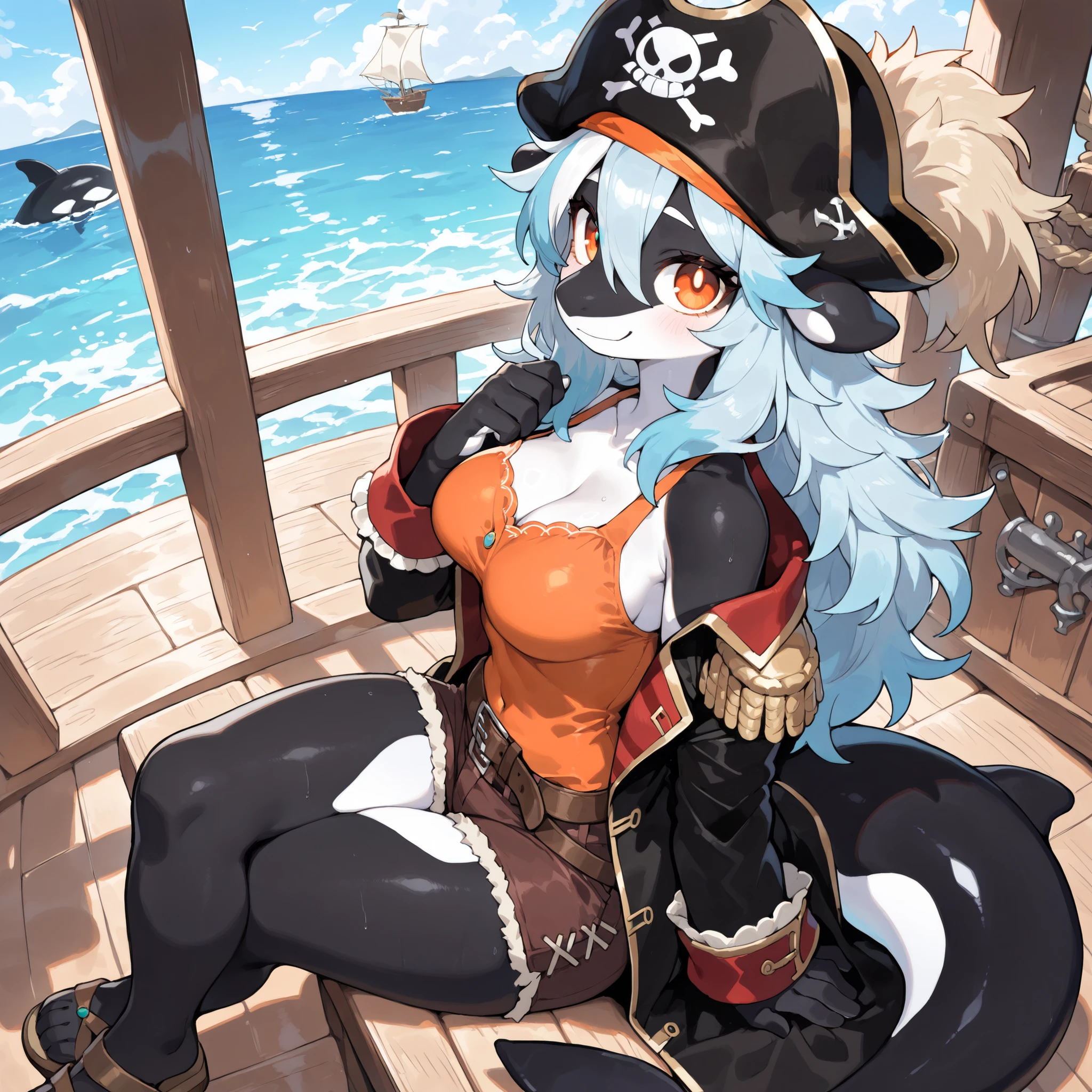(side angle, from above) (solo:1.5, solo character:1.5) (adult:1.2, mature:0.9, female, girl, hot, thick tail, broad shoulders:1.1) (((black skin, white skin))) [big eyes:1.4], (round face:1.4, orange eyes, cute:1.1, long hair, medium breasts, orca, orca tail, orca ears, orca skin, white skin up to eyes, black snout), ((light blue coloured hair, pirate clothes)), aboard pirate ship, multiple belts, red and black coat, orange shirt, smile, sitting down, legs crossed, looking at viewer, confident, messy hair, ocean, sky, wooden sandals, pirate captain hat, tattered shorts, dinamic pose, (masterpiece, best quality, very detailed body, face, tail, arms, hands, legs, head and eyes)