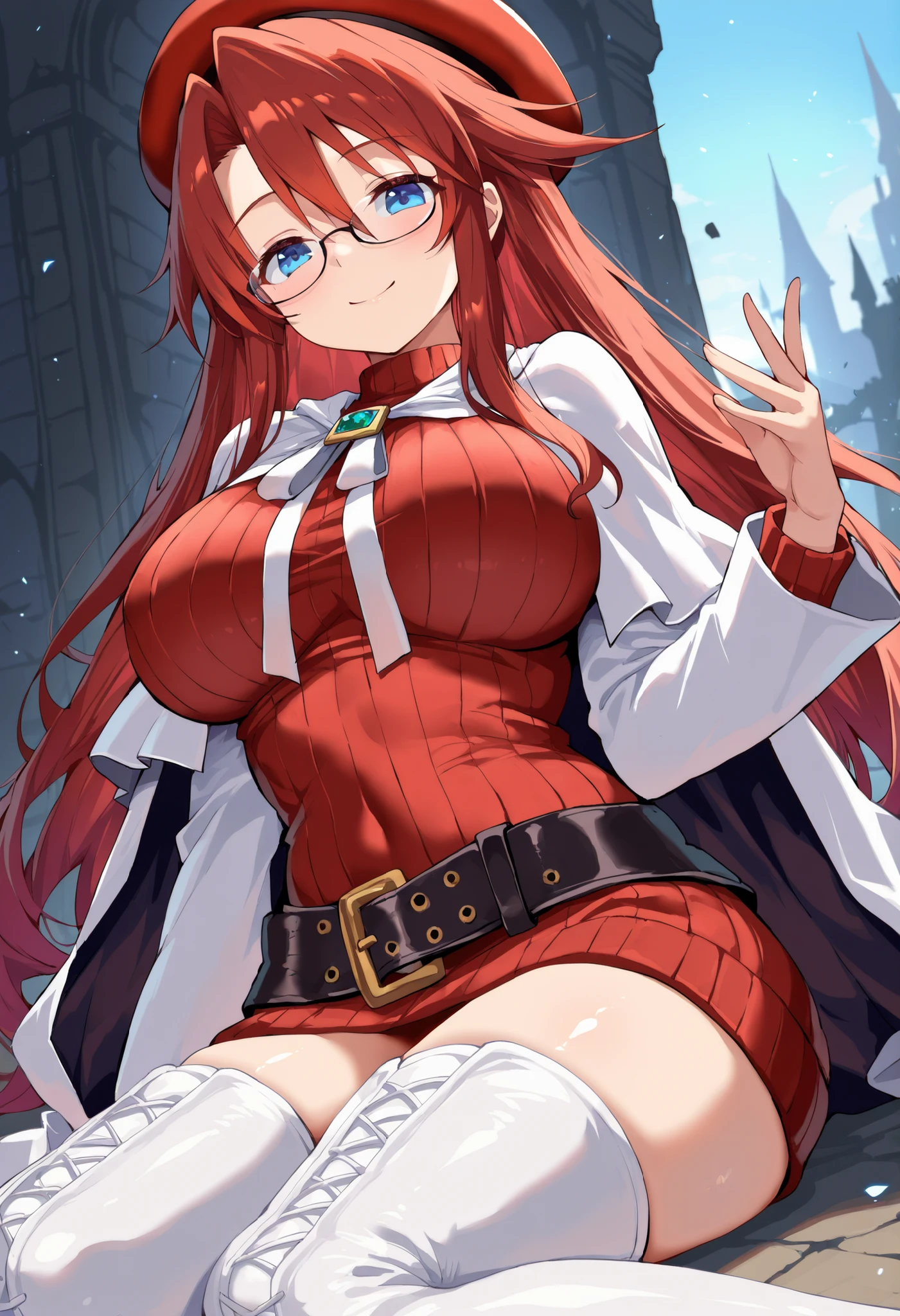 summonnightaty, aty, long hair, blue eyes, red hair, beret, hat, glasses,
BREAK long hair, thighhighs, hat, dress, boots, glasses, belt, cape, sweater, zettai ryouiki, beret, thigh boots, white footwear, ribbed sweater, loose belt,,
BREAK outdoors, fantasy_city,
BREAK (masterpiece:1.2), best quality, high resolution, unity 8k wallpaper, (illustration:0.8), (beautiful detailed eyes:1.6), extremely detailed face, perfect lighting, extremely detailed CG, (perfect hands, perfect anatomy),(covered_nipples:1.3),covered_navel,light_smile,dynamic_posing,(half_eyes:1.2),light_open_mouth,sword,sitting,