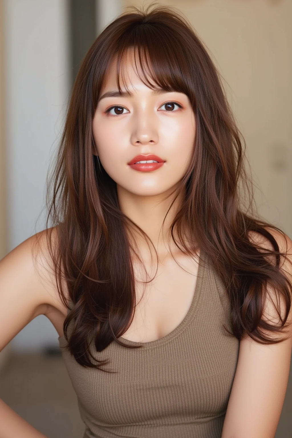 a close up of a woman with a very big breast, photorealistic perfect body, japanese model, japanese goddess, Yoshitomo Nara, oppai, hyper real photo, sexy girl, sexy body, sexy body and face, perfect body, thicc, beautiful body and face, beautiful upper body, smooth body, soft body, beautiful body