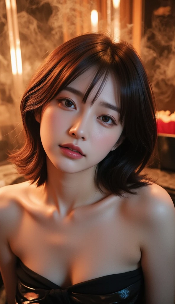masutepiece, Best Quality, Illustration, Ultra-detailed, finely detail, hight resolution, 8K Wallpaper, Perfect dynamic composition, Beautiful detailed eyes,Short bob hair,Breast cleansing、Natural Color Lip, Random and sexy poses,bashfulness, hot onsen、33-year-old girl、Cute、Subject looking at sexy pose on camera，fullnude、Pubic hair is thick and abundant、NSFW,肌の綺麗な,膝から上を描画