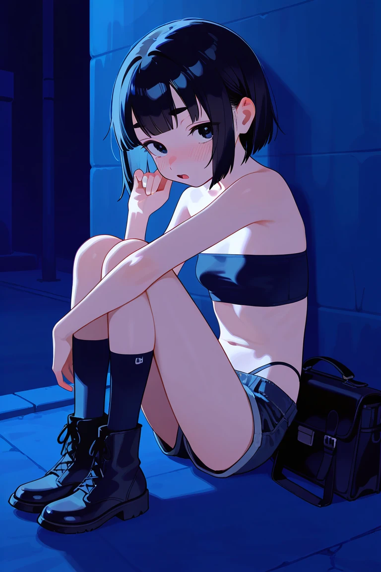 (best quality, 4k, 8k, highres, masterpiece:1.2), blue hair、Shorthair。bobhair。breasts are big and beautiful.。In an overcrowded train、sitting on a horizontal seat。Please show your white panties to the person in front of you.。The legs are open。He wears a T-shirt, a white hoodie, and a black jacket over it.。