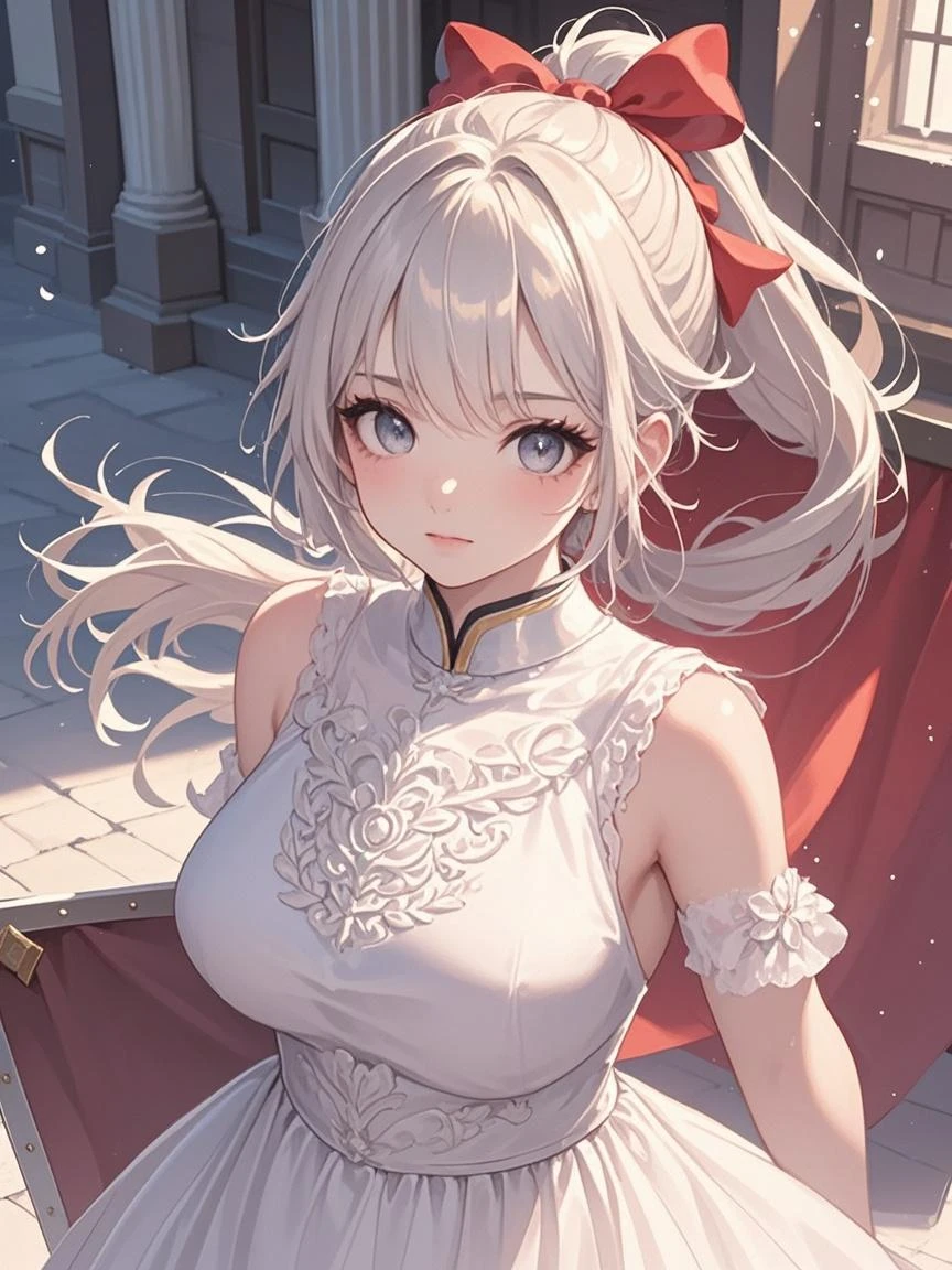 Beautiful girl, Long wavy gray hair, beautiful big gray eyes, revealing clothes, open bodice, Very deep neckline, open shoulders, fluffy skirt, open chest, Rich decorations, headset, palace dress, light background, Bright Picture, Sun rays, refined facial features, a lot of decorations, jewelry, a lot of details, fluffy skirt яркая, atmosphere of villainy, shine, Complacency, confidence, pretty haircut, sexy pose, palace red dress, frankly