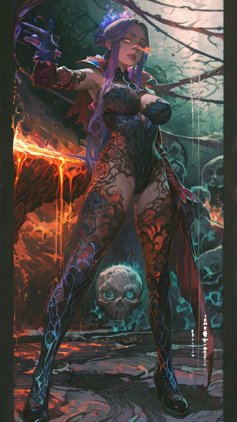 ((Full body portrait:1.4)), from below, demoness, full body portrait, kendralustlora, succubus, day of the dead facepaint and bodypaint, scary detailed art in color, aroused slutty expression, busty, curvy hips, sexy, alluring, erotic posing with open legs, lowleg panties, highly detailed fantasy art, beautiful fantasy art portrait, intricate detailed digital art, highly detailed digital painting, digital art fantasy art, mark brooks detailed, detailed fantasy digital art, amazing detail digital art, close-up portrait demoness skull, by Todd Lockwood, liquid metal girl