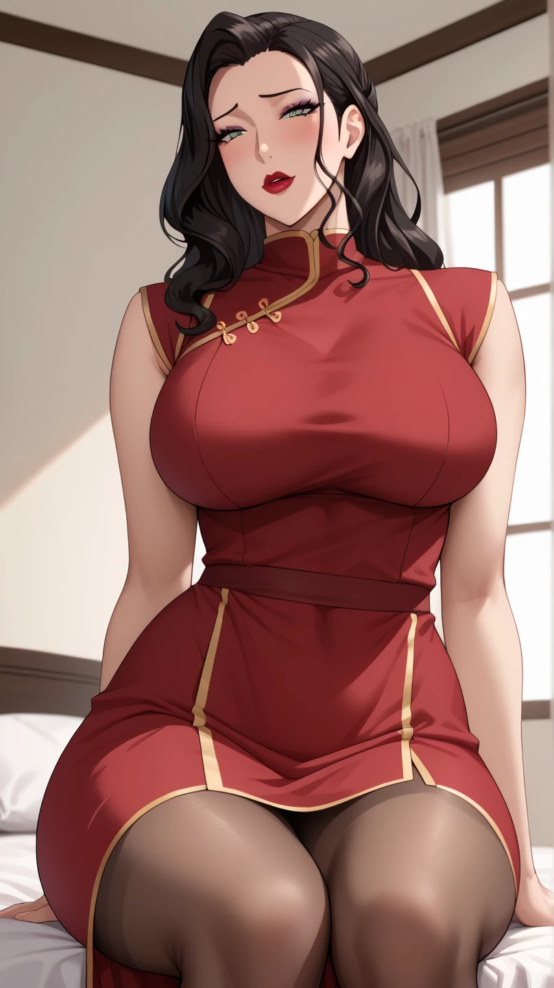 a mature lady sitting confidently on chair with blunt hair, red lipstick,plain silk saree with intricate patterns, jhumka earrings, saggy breasts, intricate details, high quality, photorealistic, cinematic lighting, warm color tones, elegant portrait,deep cleavage,full body view,navel, bangles,smile